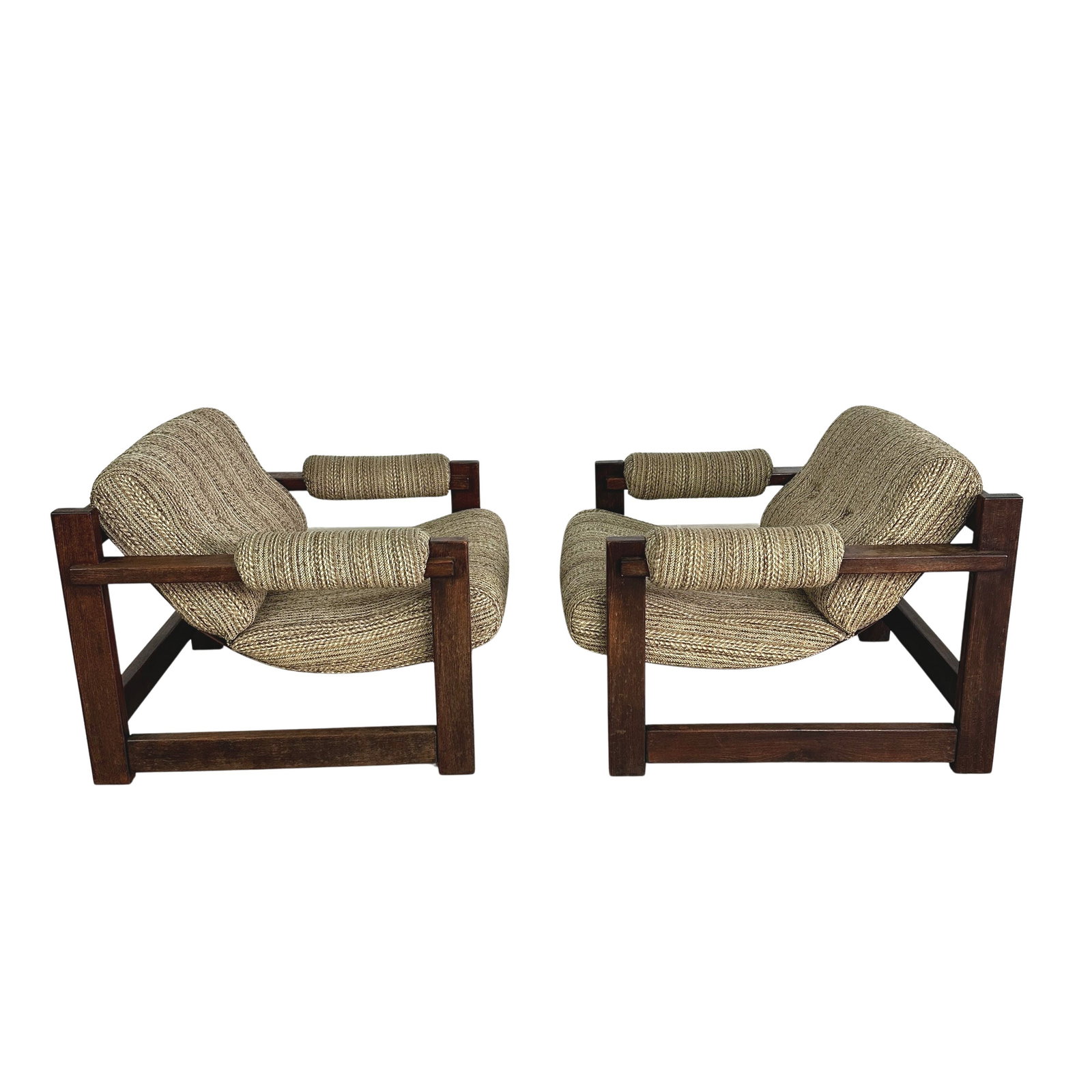 BRUTALIST LOUNGE CHAIRS MANNER OF MARTIN VISSER, A PAIR: Dimensions: H 23.5” x W 31.5” x D 33” x SH 16.5”. Pair of Vintage Brutalist lounge chairs manner of Martin Visser with textured fabric cushions.