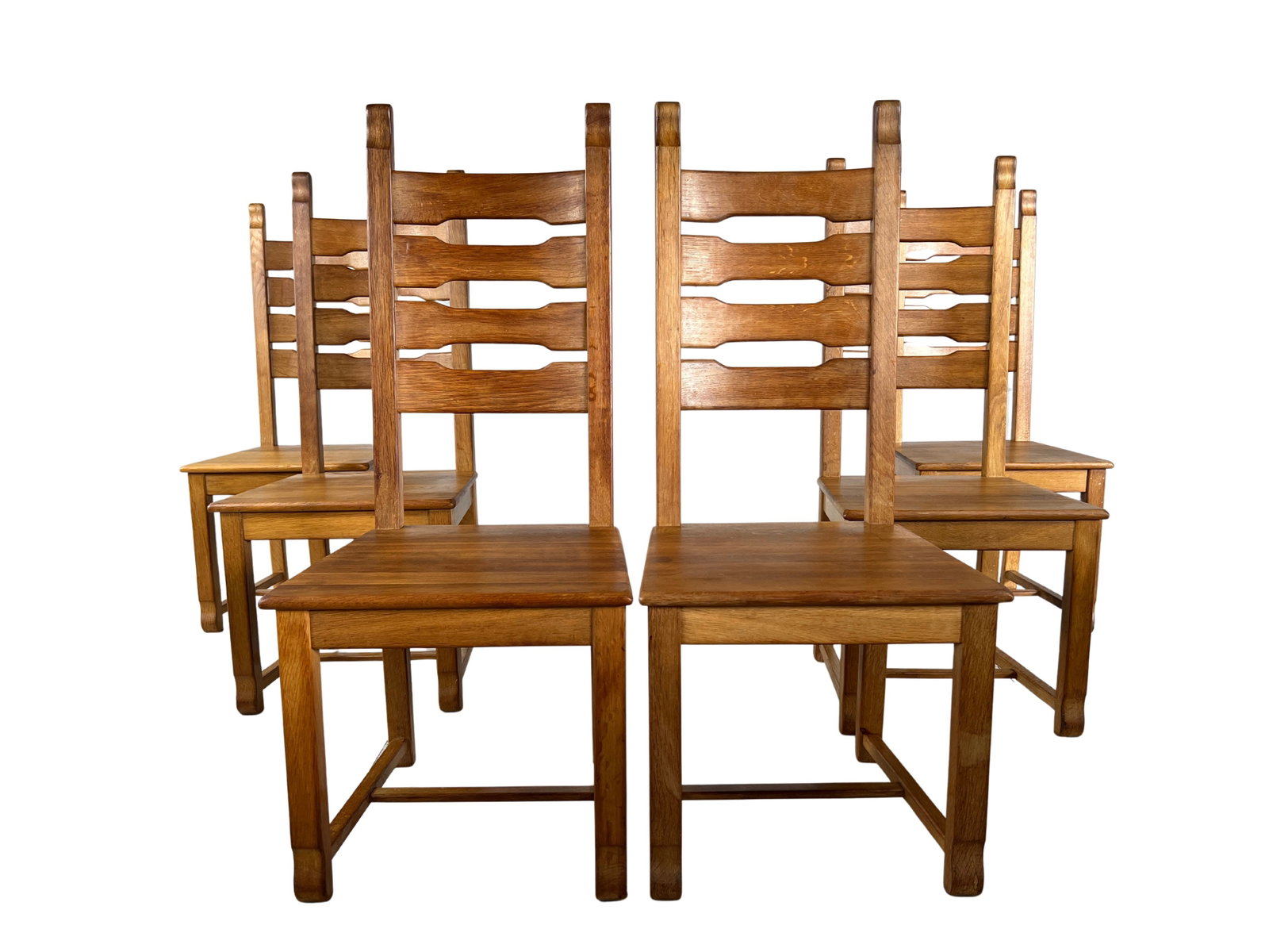 (6) DUTCH BRUTALIST DINING CHAIRS: Dimensions: H 45” x W 18.5” x SD 17.3” x SH 17.5”. Set of 6 Dutch Brutalist oak ladder back dining chairs.