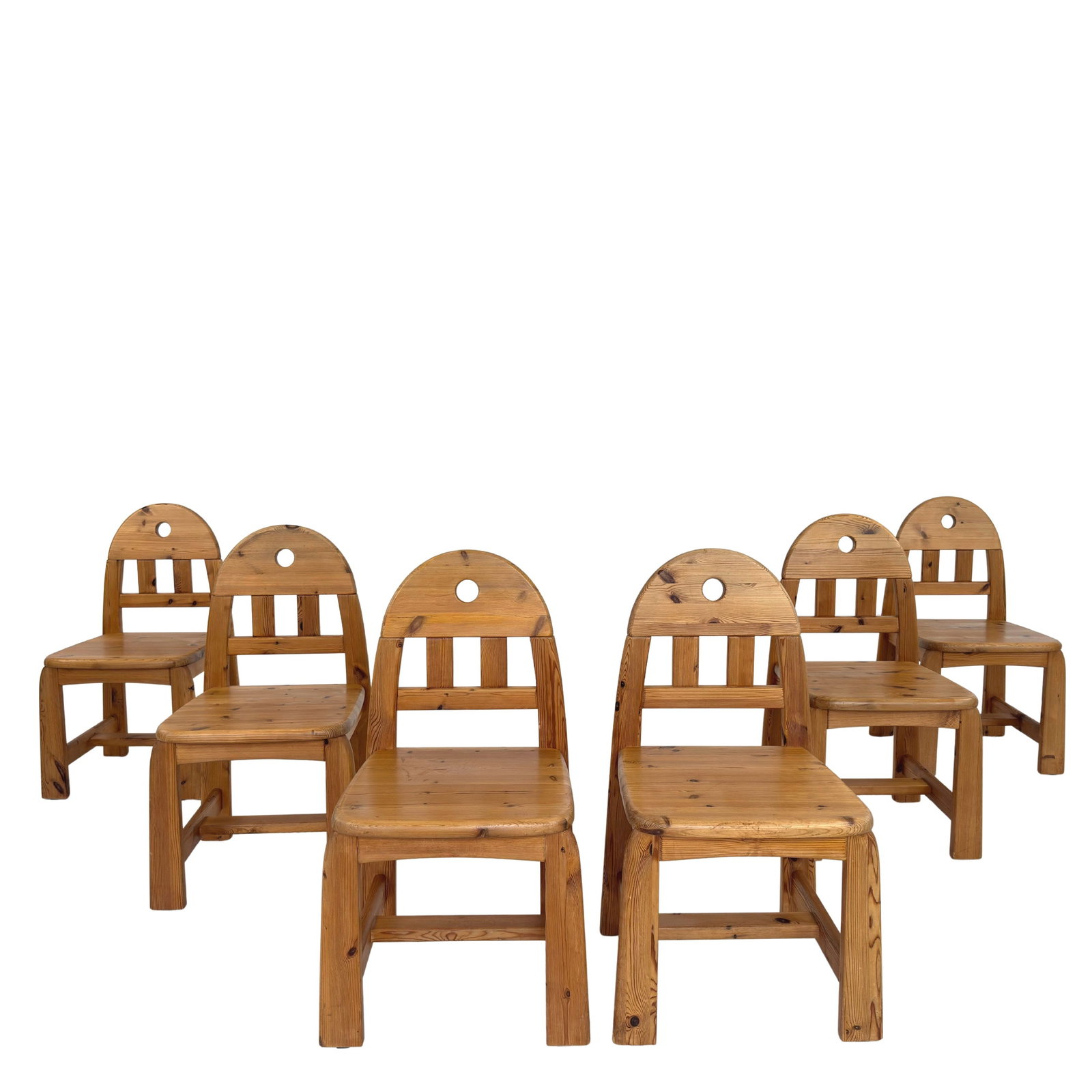 (6) WASA MOBEL DINING CHAIRS: Dimensions: H 36” x W 18.5” x D 19.5” x SH 18.5”. Vintage Brutalist pine dining chairs by Wasa Mobel, 1980s.