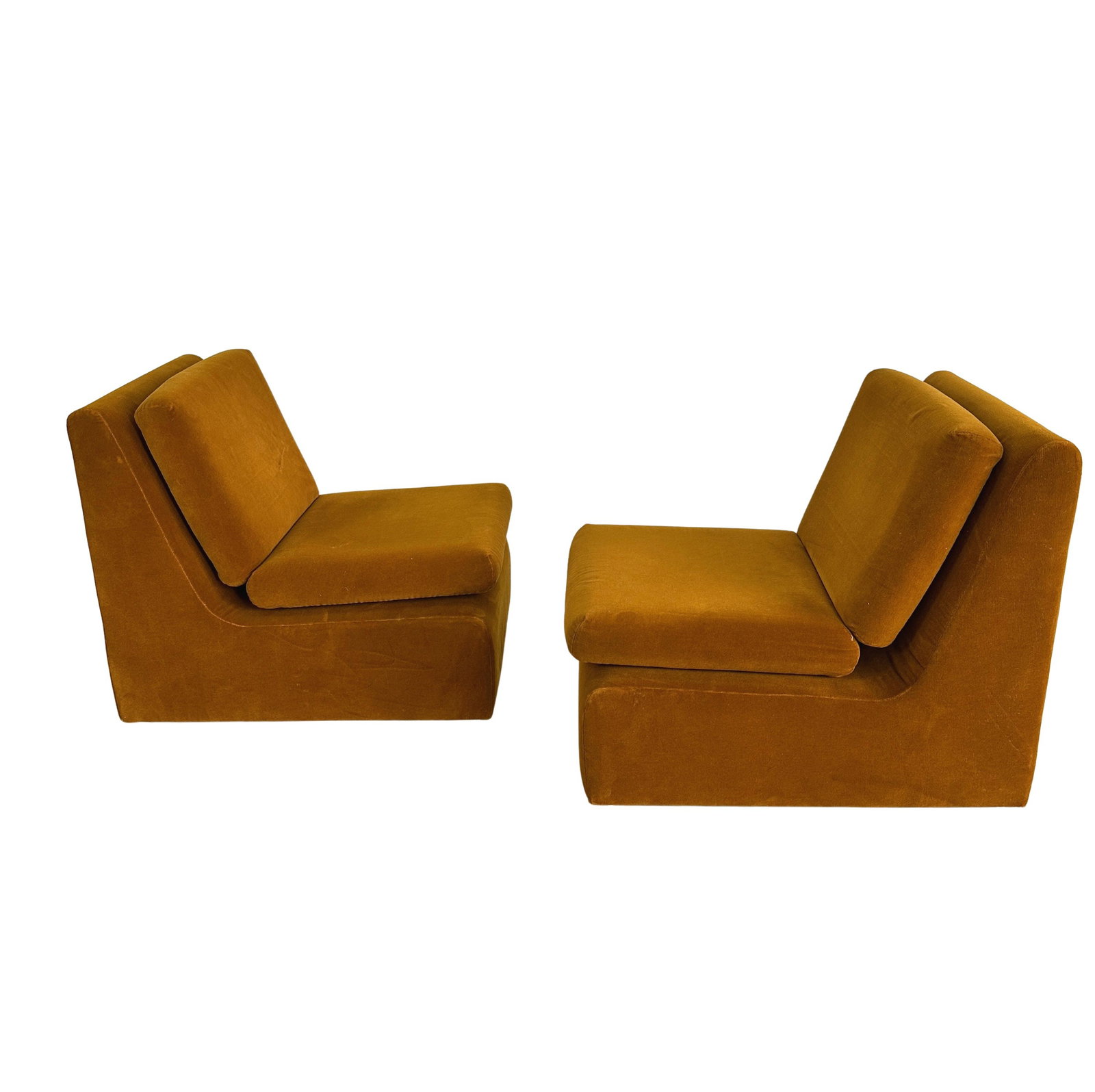 GERMAN MODULAR SOFA, 1970s: Dimensions: H 26” x W 23” x D 31.5” x SH 15.3”. Vintage German modular sofa in original orange velvet upholstery, consist of 2 modules. Dimensions are for 1 pc.