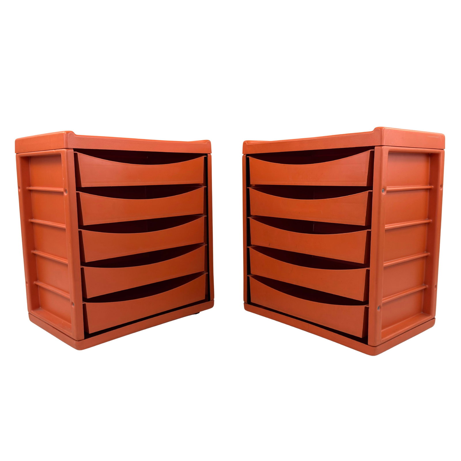 MEUROP SPACE AGE CHESTS OF DRAWERS, A PAIR: Dimensions: H 27.5” x W 23” x D 15.7”. Pair of Vintage Space Age hard plastic chests of drawers by Meurop Emont HTF, each one with 5 drawers.