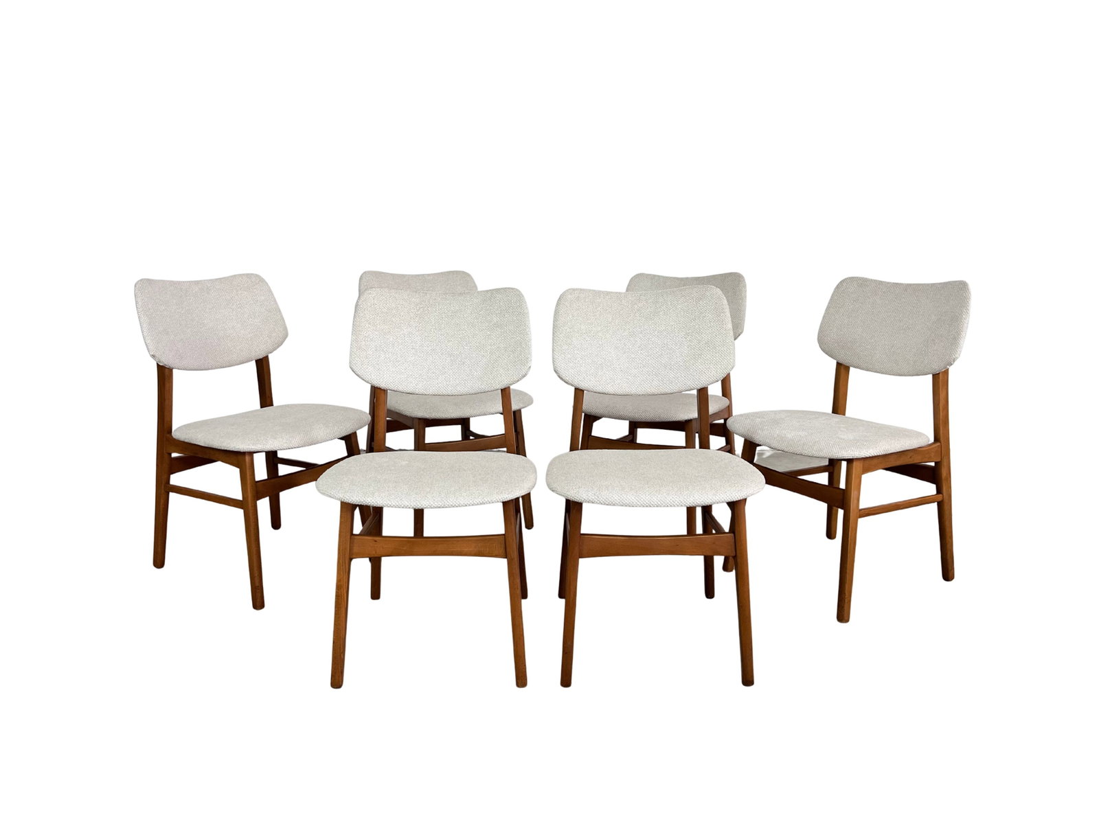 (6) DANISH DINING CHAIRS MANNER OF KAI KRISTIANSEN: Dimensions: H 32” x W 18.5” x SD 16.5” x SH 17.7”. Set of 6 Vintage Danish dining chairs manner of Kai Kristiansen with newly upholstered seats in off-white fabric, 1960s.