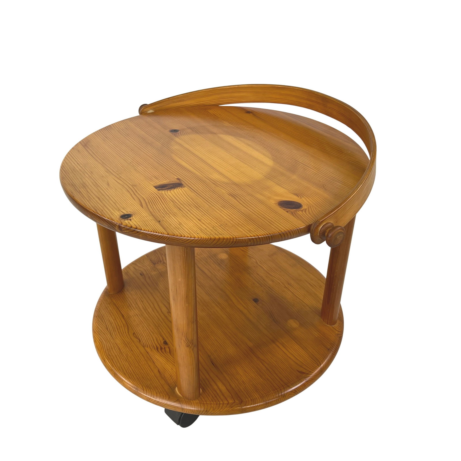 DANISH PINE ROLLABLE SERVING TROLLEY: Dimensions: H 16.5” x W 19.5”. Danish pine rollable serving trolley from 1960s.