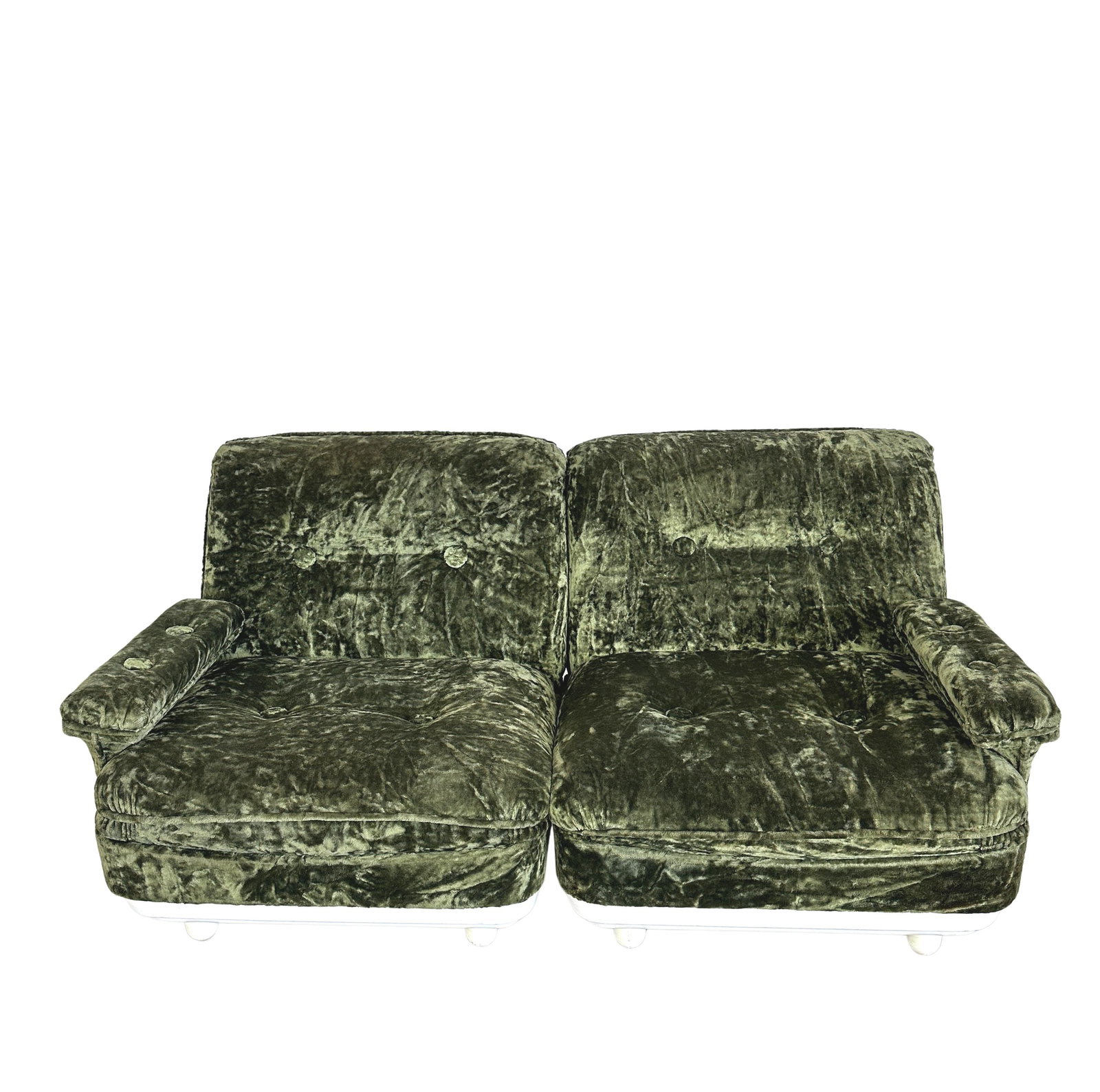 ITALIAN VELVET MODULAR SOFA: Dimensions: H 30” x W 63.5” x D 29.5” x SH 17.7”. Vintage Italian moss green velvet modular sofa consist of 2 pc, 1970s.