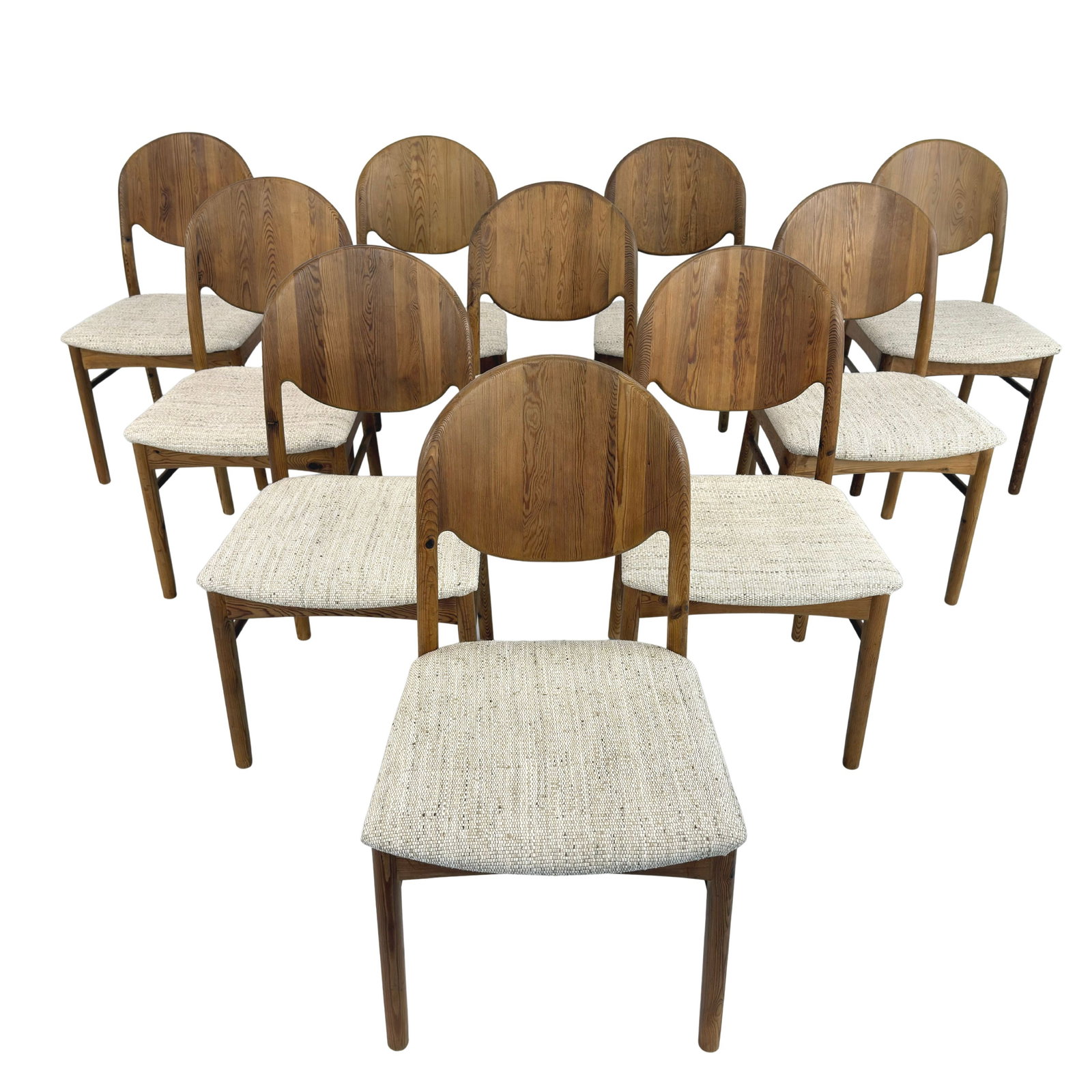(10) KORUP STOLEFABRIK DINING CHAIRS, 1970s: Dimensions: H 34.3” x W 18.3” x D 21.5” x SH 18”. Set of 10 Vintage Danish pine dining chairs by Korup Stolefabrik with newly upholstered seats.