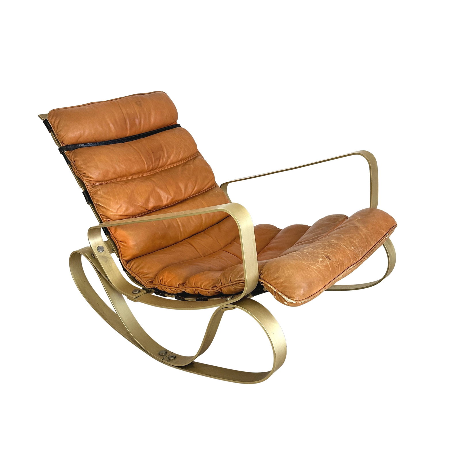 ROCKING CHAIR BY LUCIANO FRIGERIO, 1970s: Dimensions: H 35 ” x W 28” x D 42” x SH 13.5”. Vintage Italian brown leather Rocking chair by Luciano Frigerio with curved metal frame.
