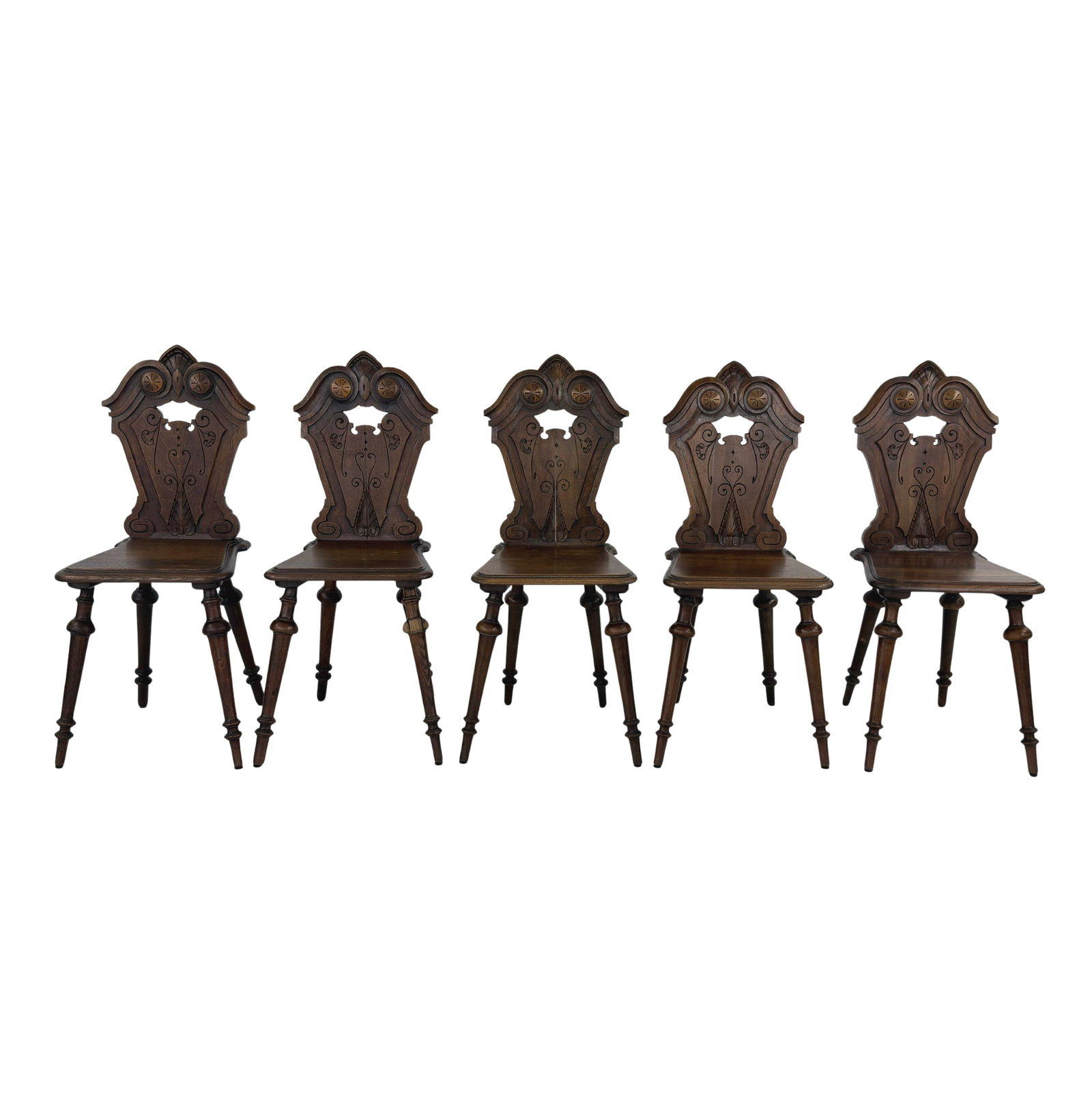 (5) SWISS ALPINE DINING CHAIRS: Dimensions: H 36” x W 15.5” x D 16.5” x SH 17.7”. Set of 5 Swiss Alpine handcrafted dining chairs.