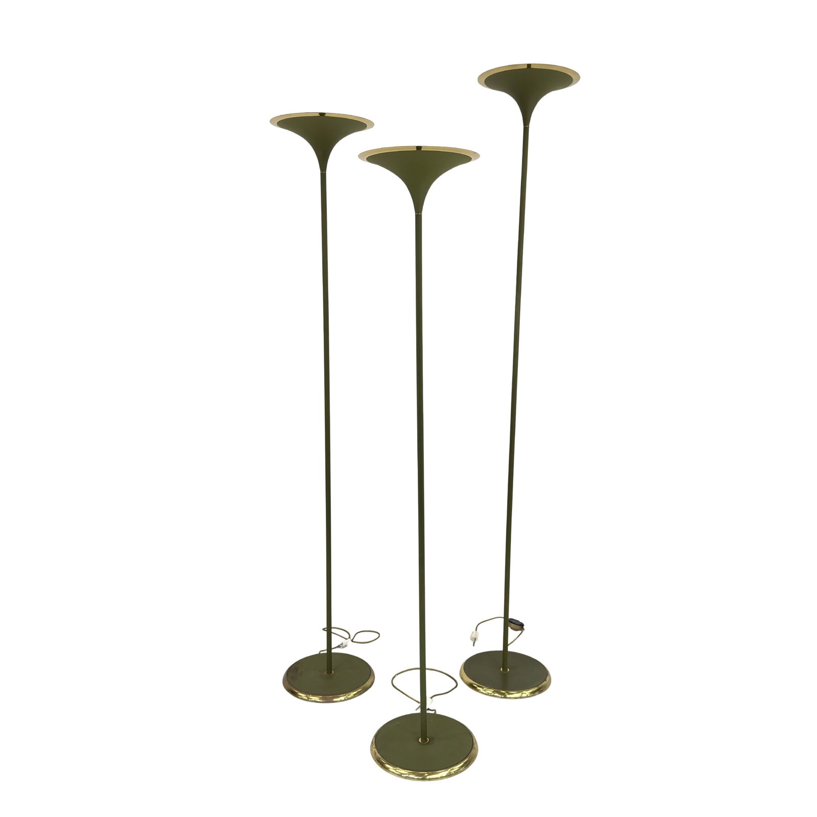 (3) FLOOR LAMPS ATTR. TO DORIA LEUCHTEN: Dimensions: H 77” x W 12”. Set of 3 German Hollywood Regency style floor lamp attr. to Doria Leuchten. Dimensions: (2nd) H 71 ” x W 12” / (3rd) H 66.3” x W 12”.