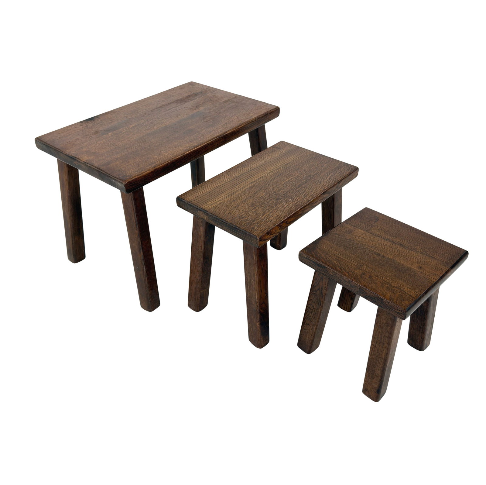 (3) BRUTALIST NESTING TABLES: Dimensions: H 15” x W 21.5” x D 13.5”. Set of 3 Belgian Brutalist oak nesting tables. Dimensions: (2nd) H 13.5” x W 15”/ (3rd) H 11.5” x W 8.3”.