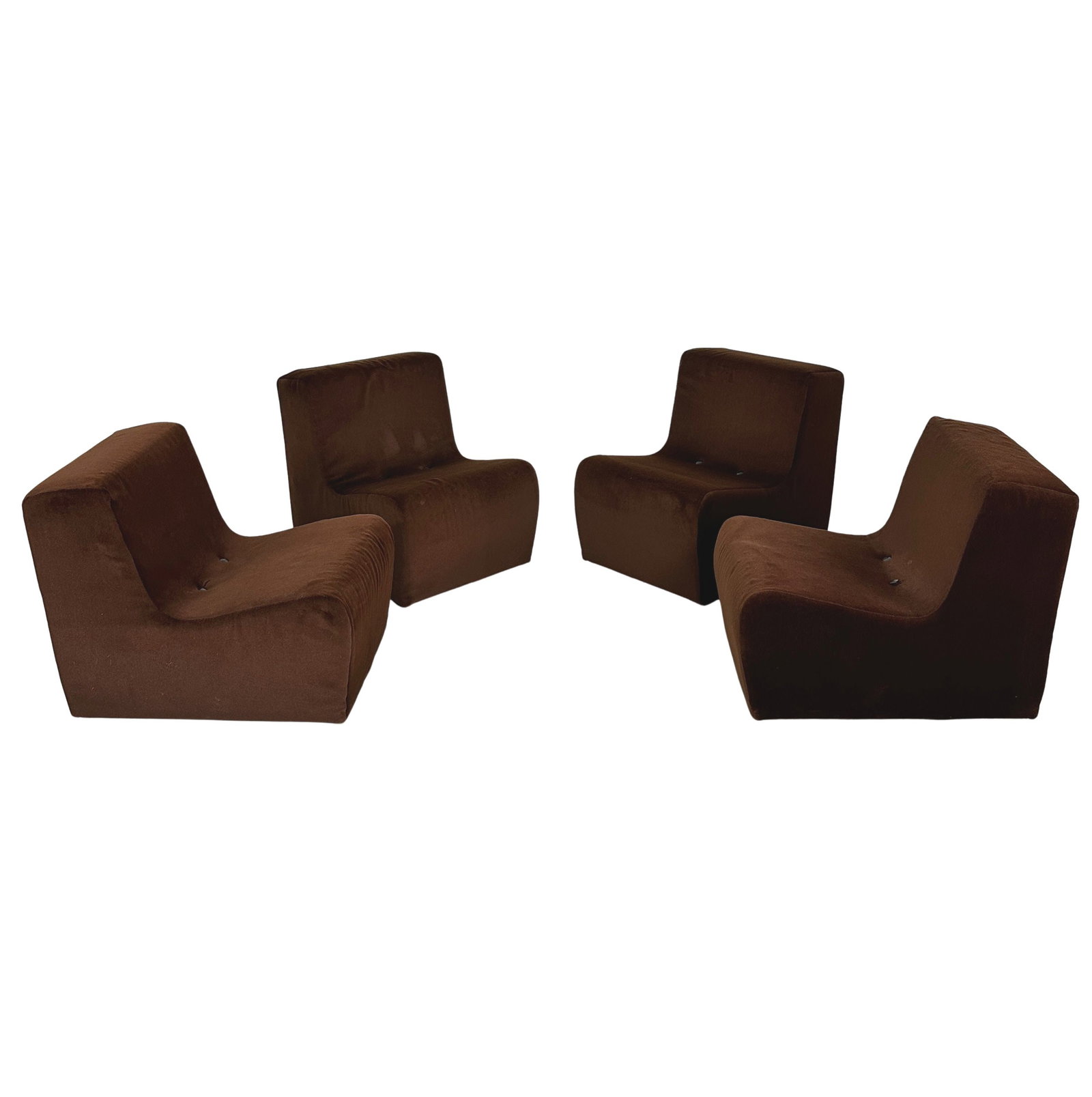 MODULAR SOFA ATTR. TO LUIGI COLANI, 1970s: Dimensions: H 23” x W 20.7” x D 28” x SH 16”. Vintage modular sofa attr. to Luigi Colani, consist of 4 lounge chairs in brown soft fabric. Dimensions are for 1 pc.