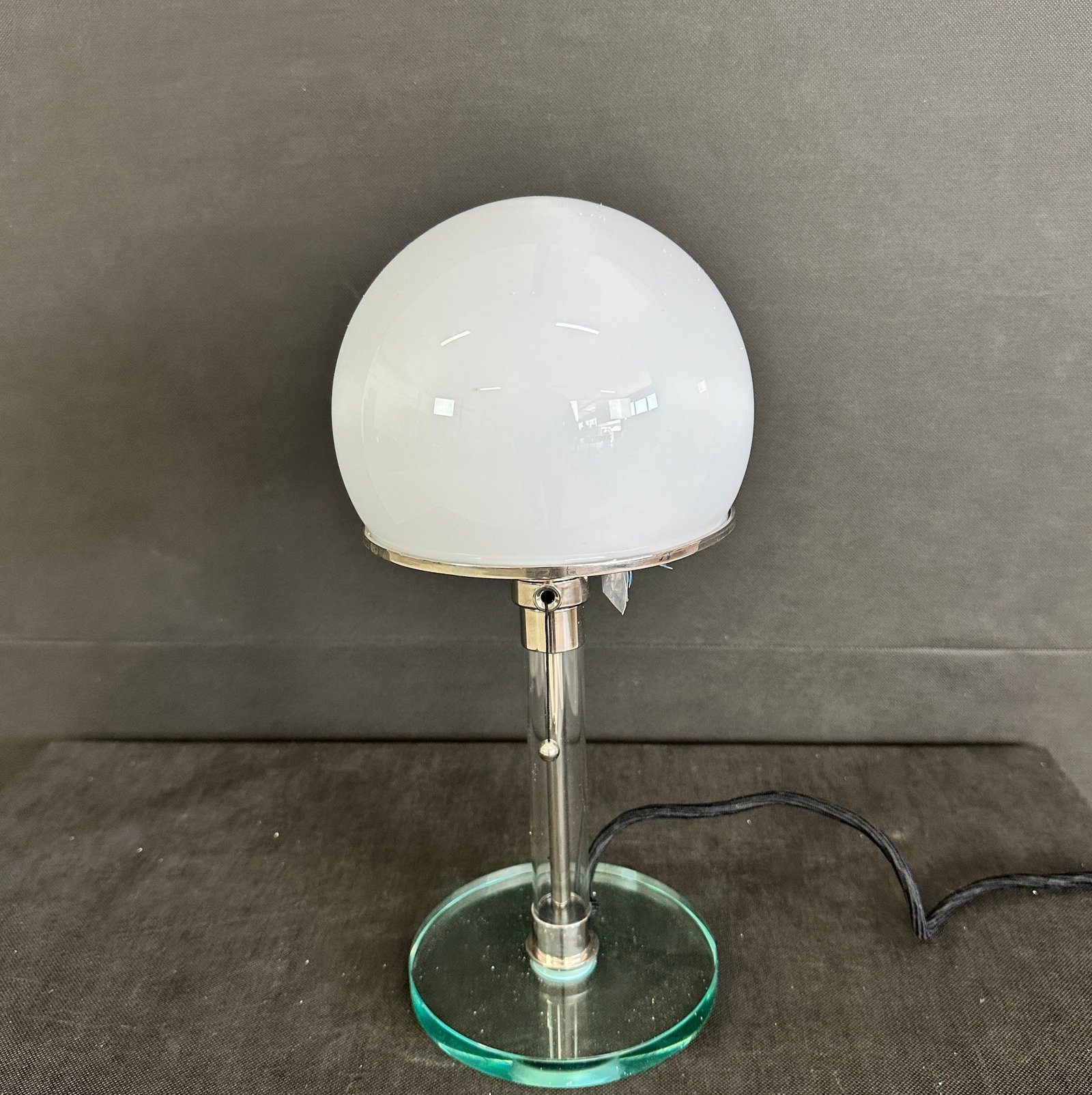 TECNOLUMEN BAUHAUS TABLE LAMP: Dimensions: H 14”. Vintage Tecnolumen Bauhaus table lamp designed by Wilhelm Wagenfeld with opal-glass shade.