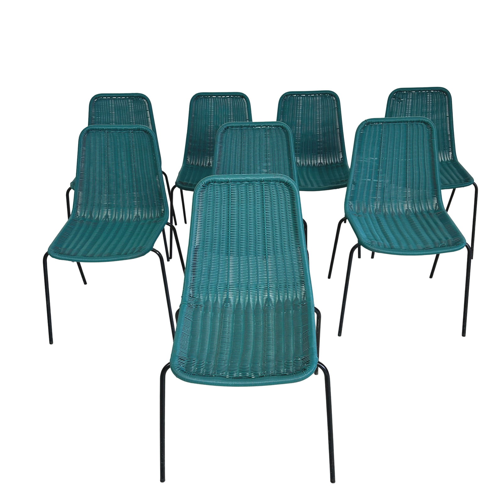 (8) BOAVISTA GARDEN CHAIRS: Dimensions: H 32” x W 18” x D 21” x SH 17.3”. Set of 8 Vintage Boavista garden chairs with black chrome steel legs and woven resin seats.