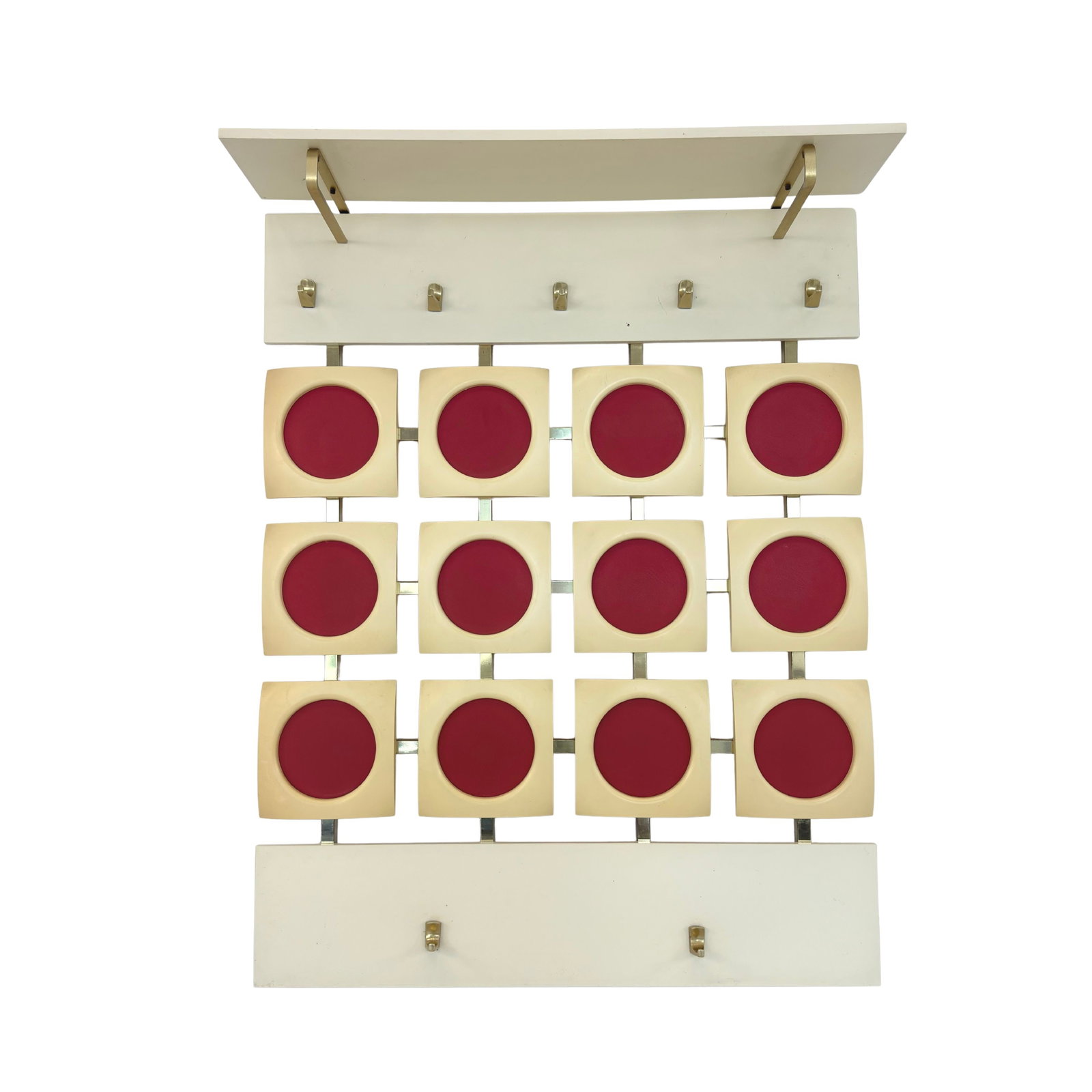 SPACE AGE COAT RACK MANNER OF LUIGI COLANI: Dimensions: H 45.3” x W 35.7”. Vintage German Space Age wall coat rack manner of Luigi Colani with 7 hooks.