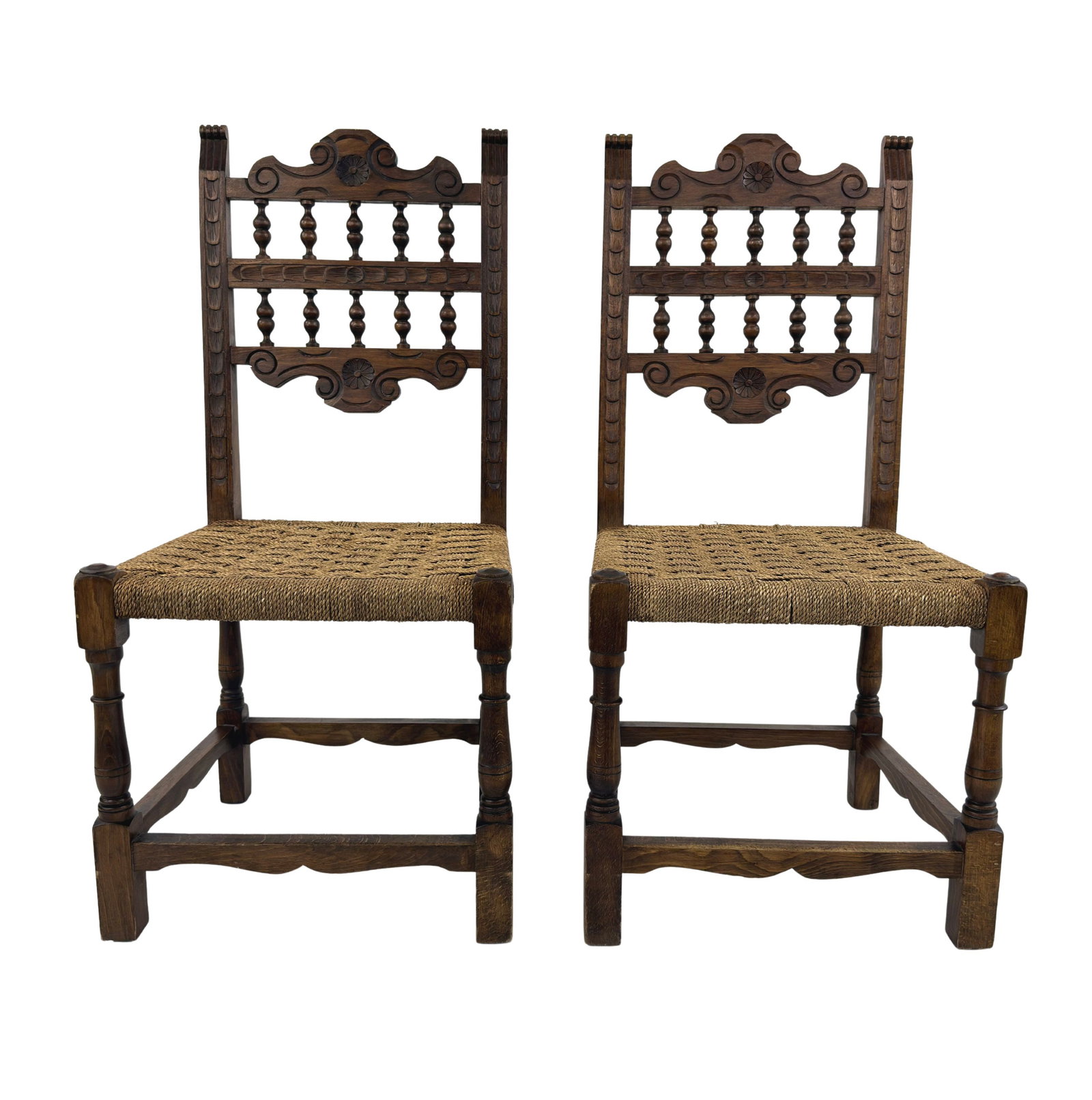 VINTAGE FRENCH PROVINCIAL CHAIRS, A PAIR: Dimensions: H 35 ” x W 17” x D 15.3” x SH 16”. Pair of Vintage French Provincial carved wood chairs with original woven rope seats.