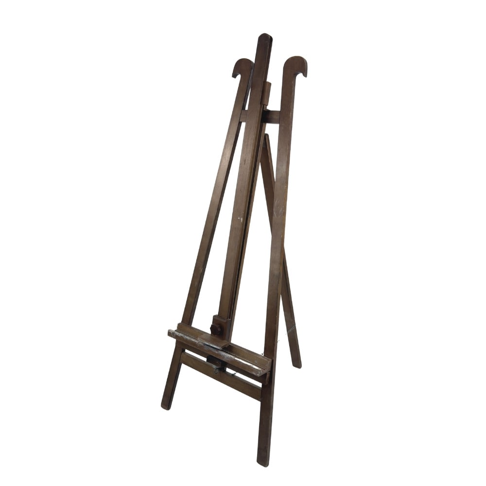 VINTAGE A-FRAME EASEL: Dimensions: H 62.5” x W 22.7”. Vintage dark brown wooden A-frame adjustable easel.