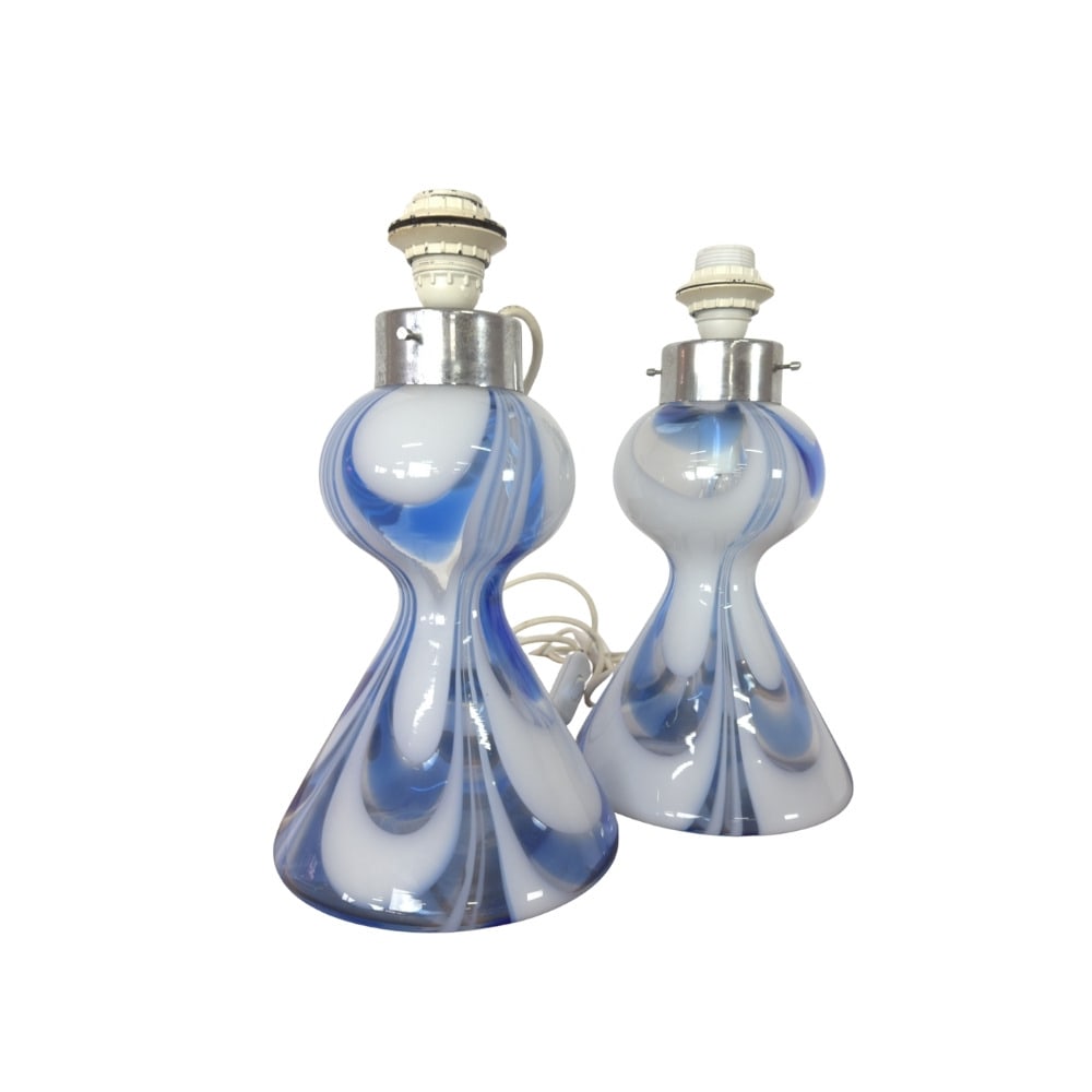 ITALIAN MURANO TABLE LAMPS, A PAIR: Dimensions: H 11.8". Pair of Vintage Italian blue and white Murano glass table lamps. Dimensions approx.