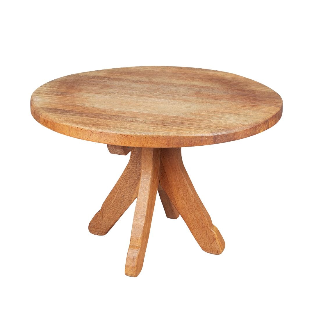 DE PUYDT BRUTALIST DINING TABLE, 1970s: Dimensions: H 30.1” x W 45.2”. Vintage Belgian round oak dining table by De Puydt with 4 curved legs.