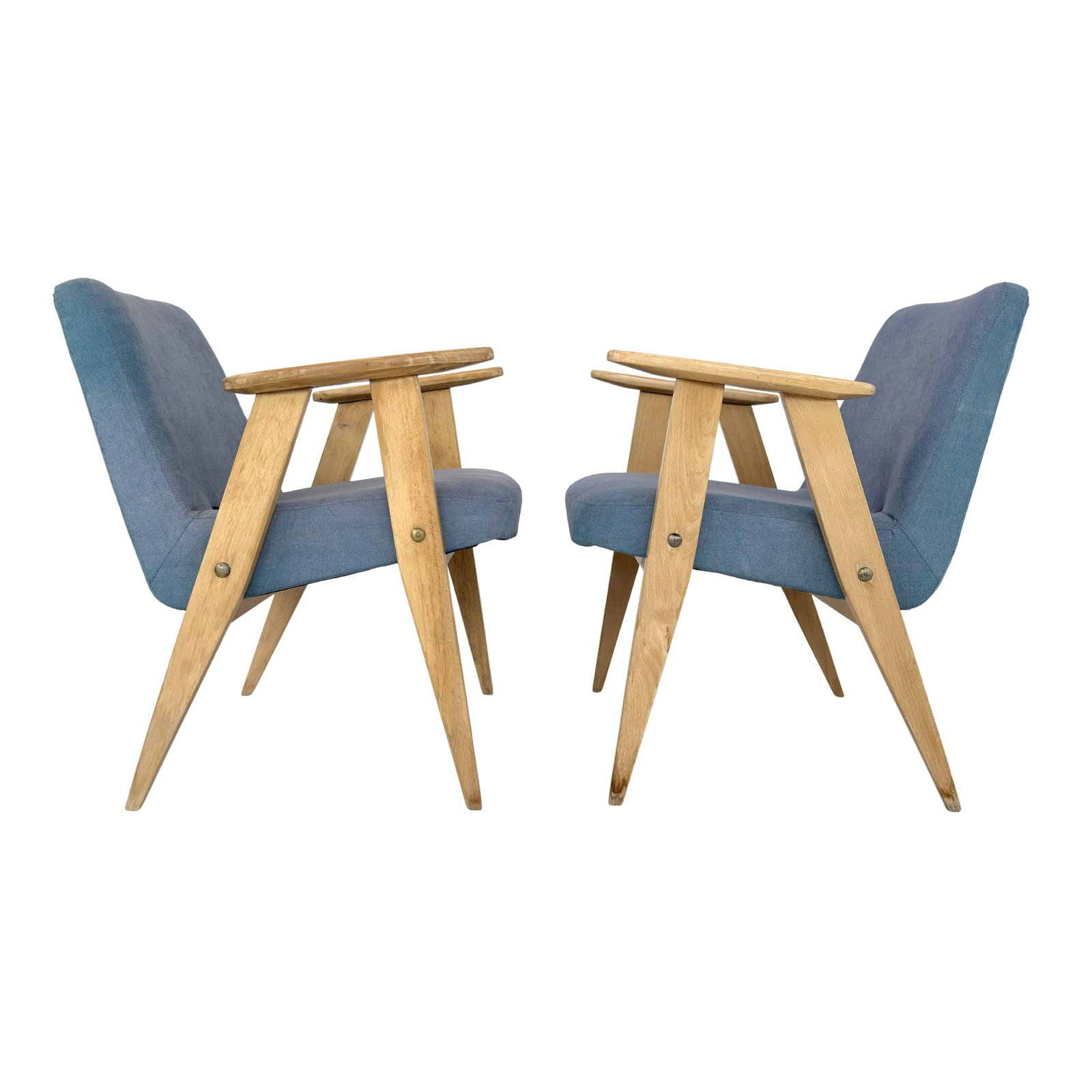ARMCHAIRS BY J. CHIEROWSKI, A PAIR: Dimensions: H 26.5” x W 24” x D 24” x SH 17”. Pair of Vintage armchairs model 366 by J. Chierowski with light wood frame and blue fabric, Poland 1960s.