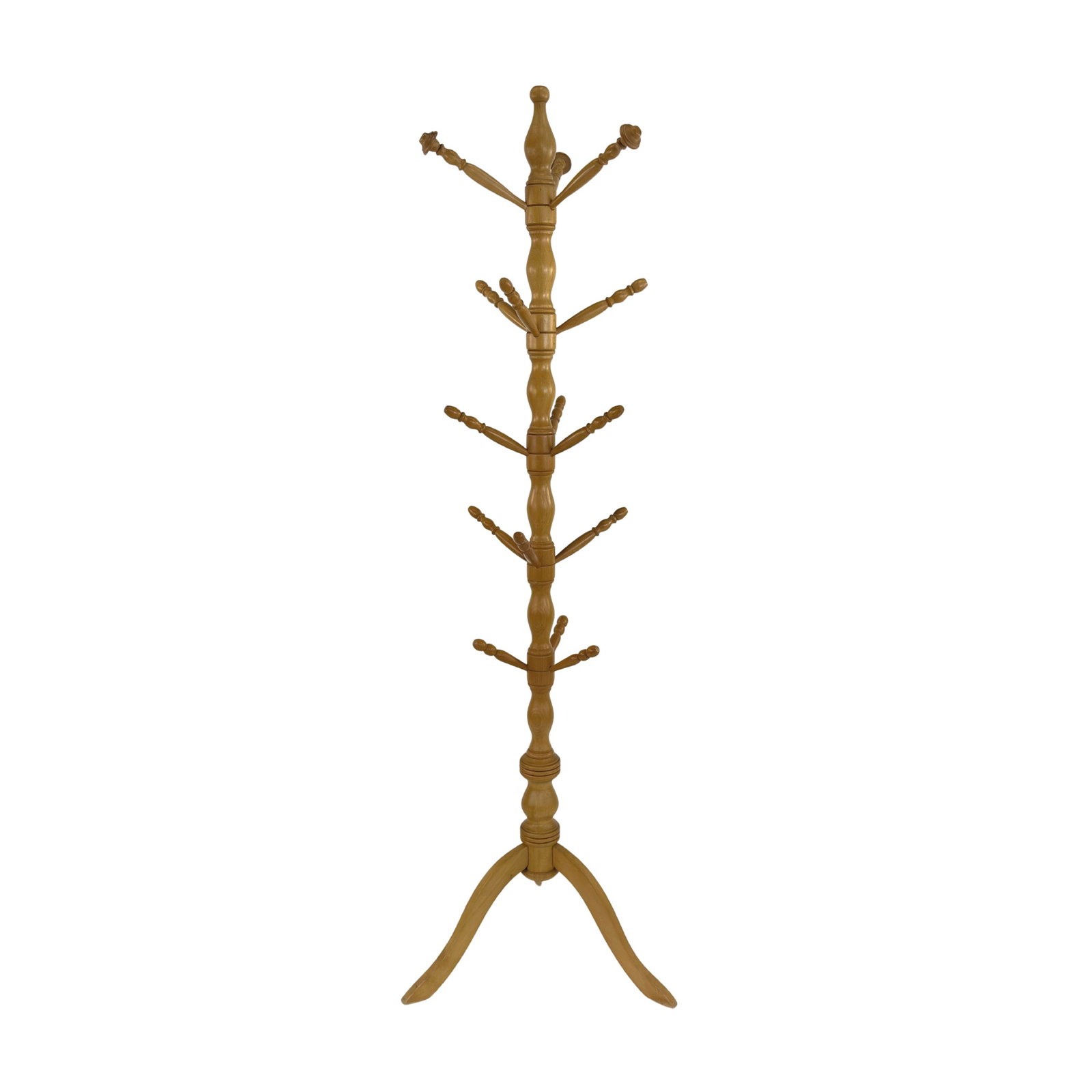 VINTAGE WOODEN COAT STAND: Dimensions: H 69.5” x W 22.5”. Vintage freestanding wooden coat stand with 15 arms.