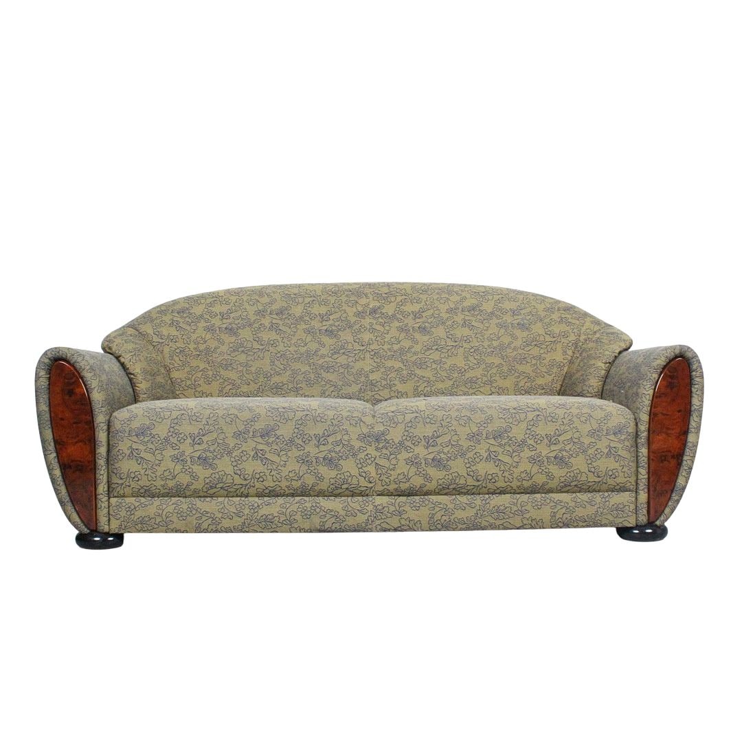 VINTAGE ART DECO SOFA: Dimensions: H 33” x W 75.5” x D 32.2” x SH 16.1”. Vintage Art Deco two-seater sofa in green fabric.