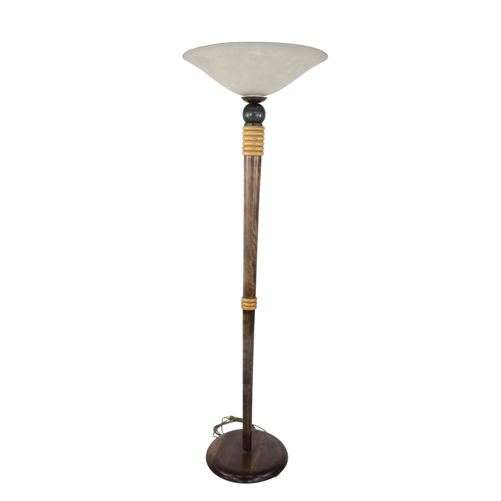 ART DECO STYLE FLOOR LAMP: Dimensions: H 62.5” x W 15”. Vintage Art Deco floor lamp with wooden base with decorative rings and frosted glass shade.