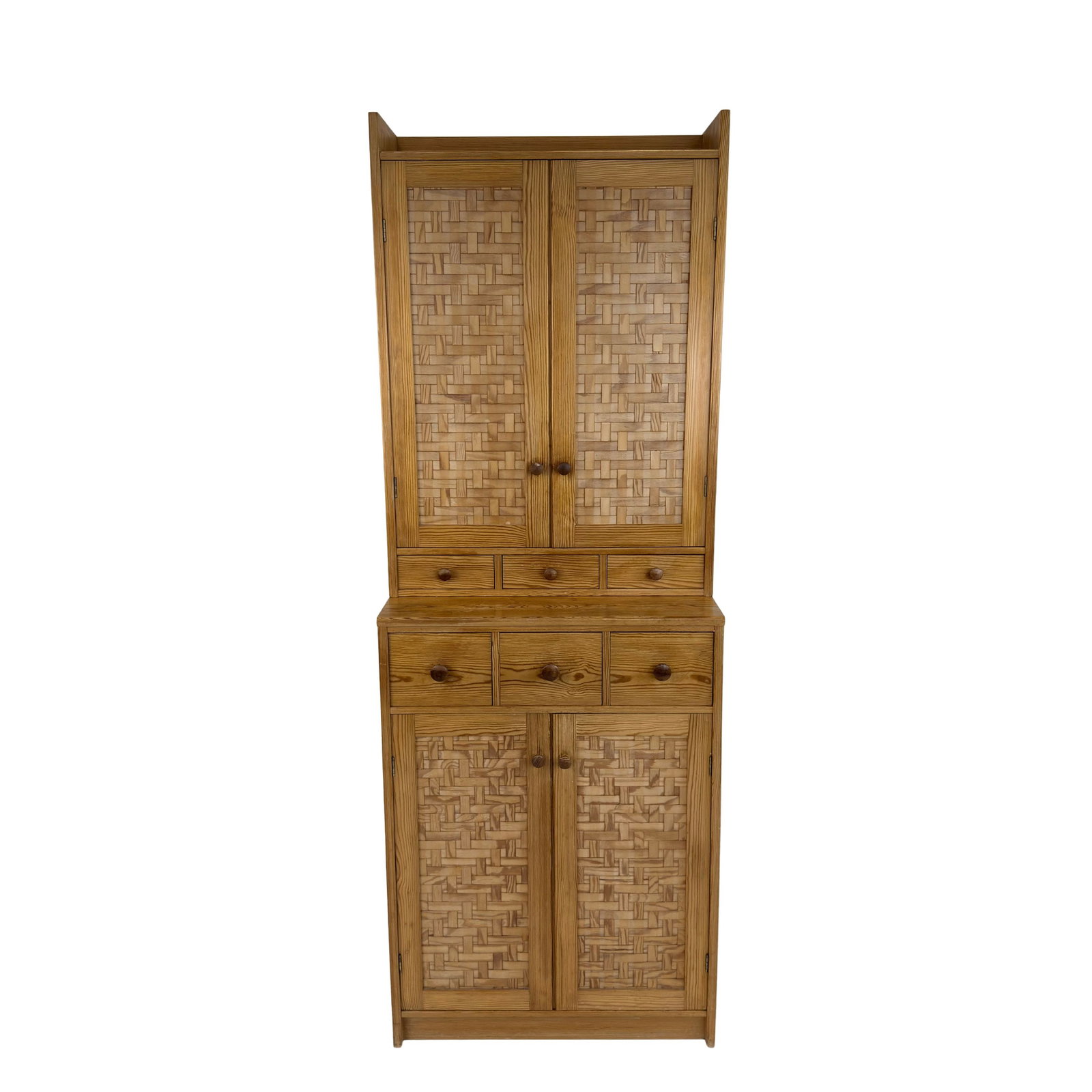 VINTAGE CABINET MANNER OF YNGVE EKSTROM: Dimensions: H 71 ” x W 25.5” x D 16”. Vintage Scandinavian pine cabinet manner of Yngve Ekstrom with 6 small drawers and 2 big cupboards with shelves inside.