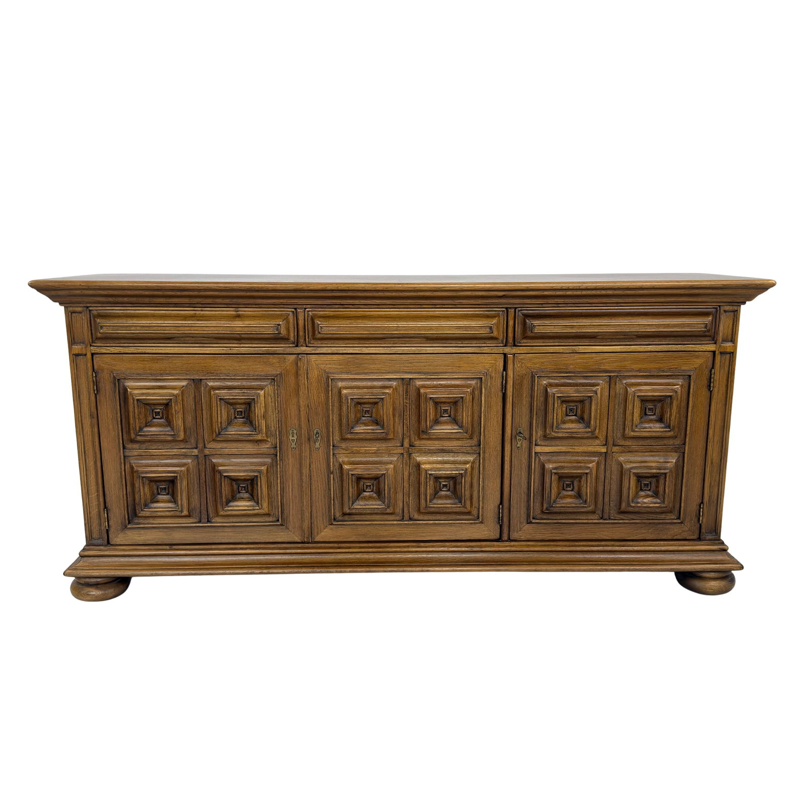 VINTAGE BRUTALIST SIDEBOARD: Dimensions: H 32” x W 68.3” x D 17”. Vintage brutalist sideboard with 3 drawers and 2 cupboards with shelf inside.