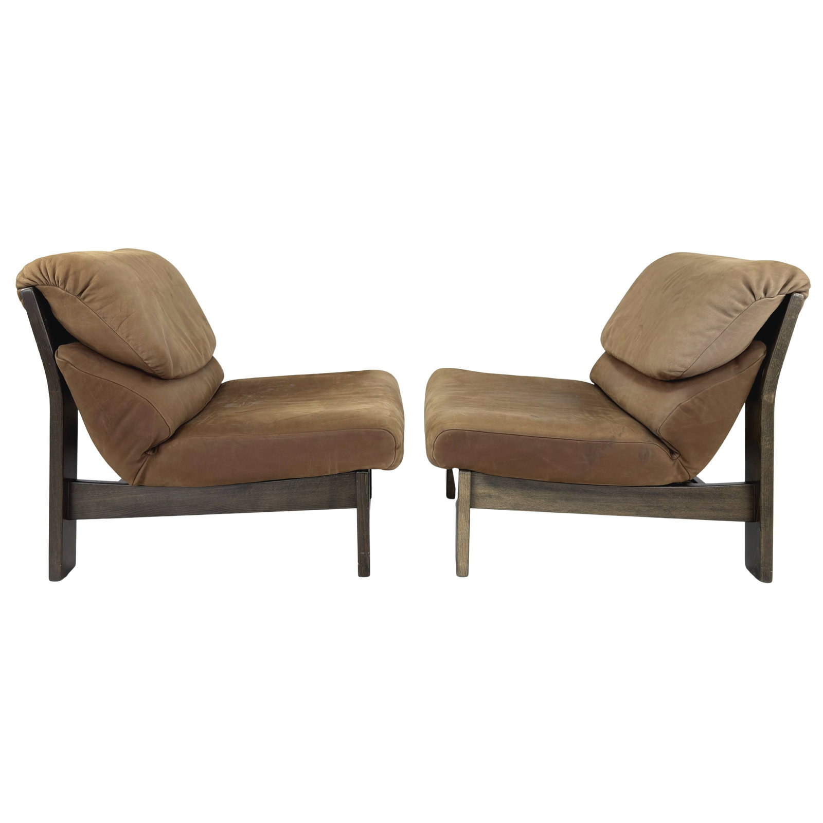 GERMAN BRUTALIST LEATHER LOUNGE CHAIRS, A PAIR: Dimensions: H 32” x W 30” x D 37.5” x SH 18". Pair of Vintage German Brutalist lounge chair in brown leather with oak frame, 1960s.
