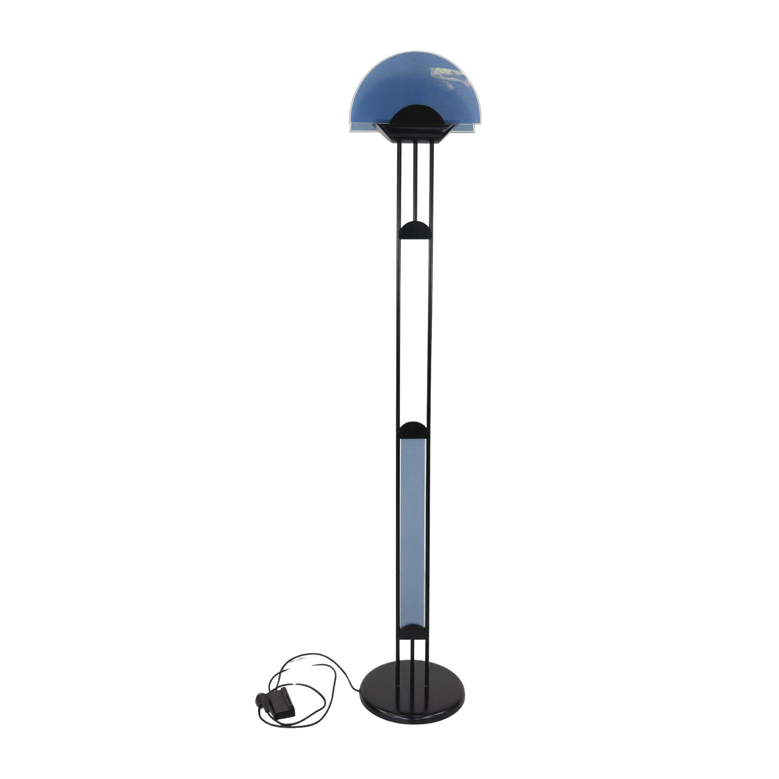 FLOOR LAMP FROM MASSIVE, 1980s: Dimensions: H 72” x W 13”. Vintage Italian floor lamp from Massive with blue glass shade and black metal base.
