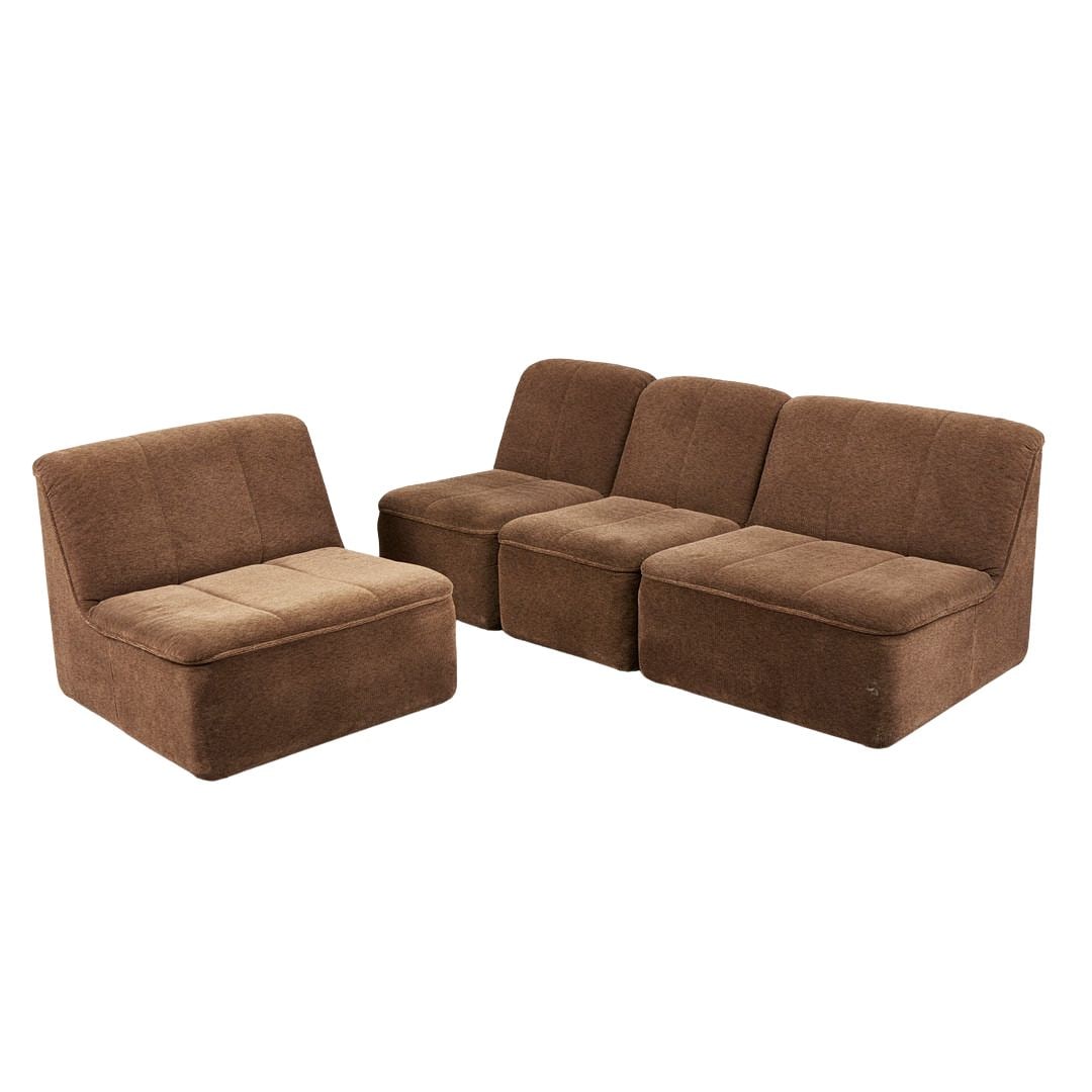 VINTAGE GERMAN MODULAR SOFA, 1970s: Dimensions: H 26.7” x W 31.4” x D 30.7” x SH 14.1”. Vintage German 4-piece modular sofa by COR in brown velour. Dimensions: (narrow module) H 26.7” x W 19.6” x D 30