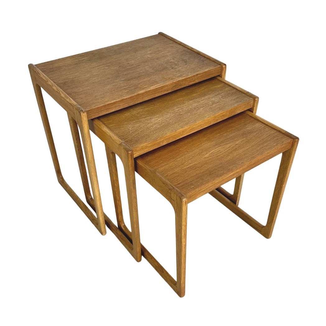 (3) DANISH NESTING TABLES: Dimensions: H 21.7” x W 23.5” x D 16”. Set of 3 Vintage Danish nesting tables from the 1960s. Dimensions: H 20.5” x W 23.5”/ H 18.5” x W 19 ”.