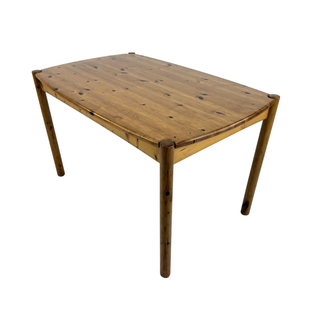 RAINER DAUMILLER STYLE DINING TABLE: Dimensions: H 28.5” x W 47” x D 30.7”. Vintage Rainer Daumiller style dining table in solid pine, designed in the 1970s.