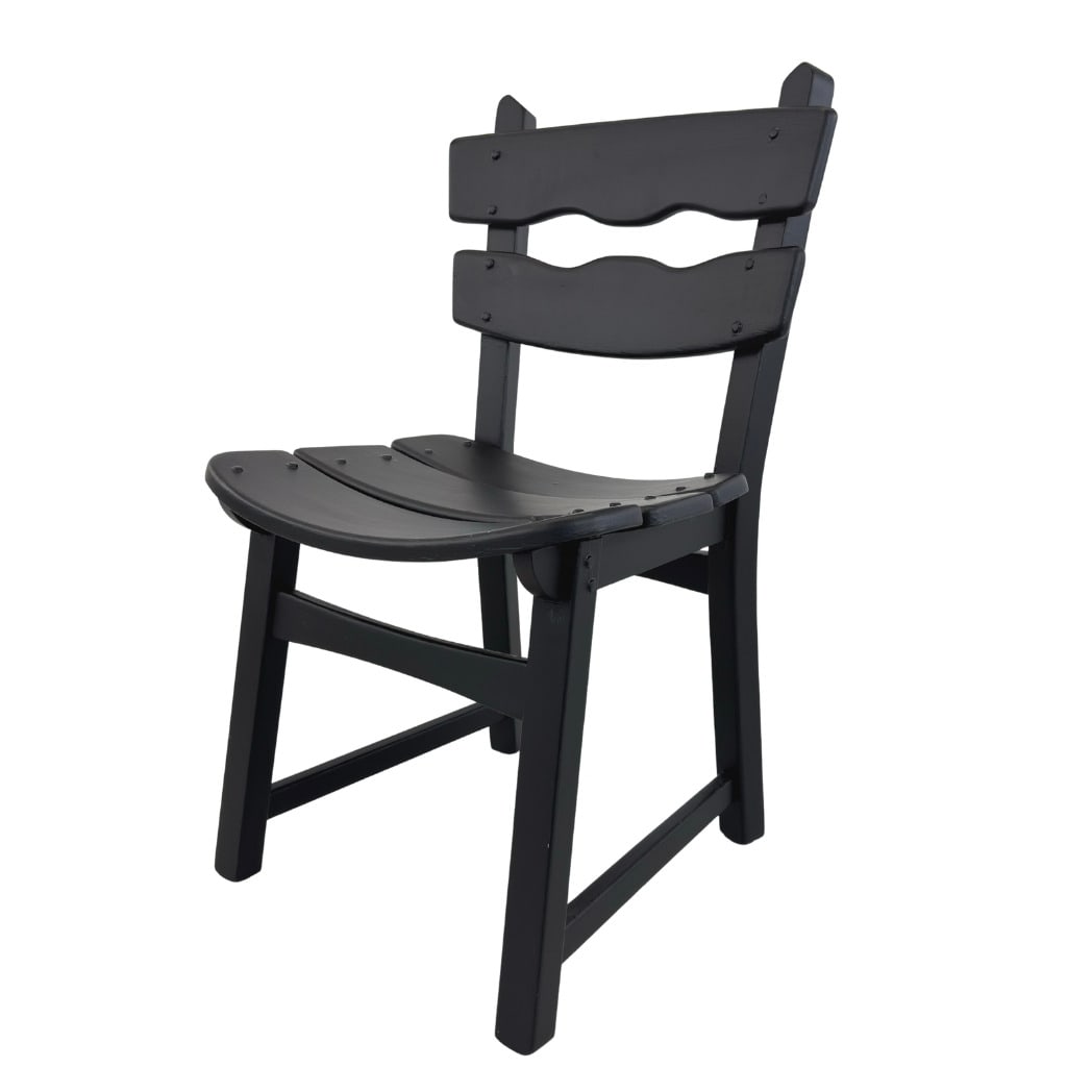 DITTMANN & CO BRUTALIST CHAIR: Dimensions: H 34.5” x W 19” x SD 16.3” x SH 18”. Vintage brutalist black painted oak dining chair designed by Dittmann & Co for AWA Radboud, made in Netherlands in the 1960s.