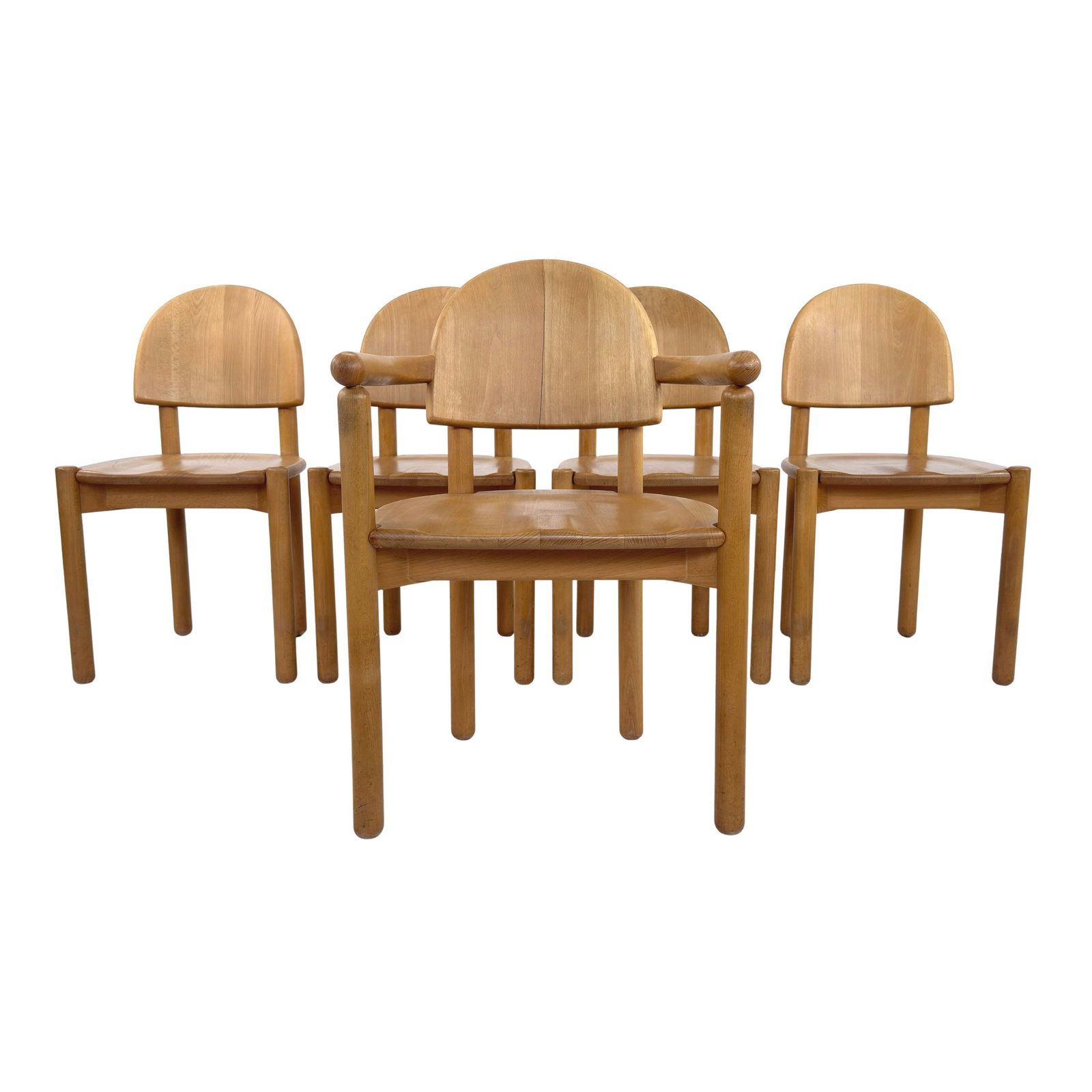 (5) RAINER DAUMILLER DINING CHAIRS: Dimensions: H 33.3” x W 19” x D 18” x SH 17.5”. Set of 5 Scandinavian dining chairs designed by Rainer Daumiller in the 1970s. One of the chairs is with armrests.