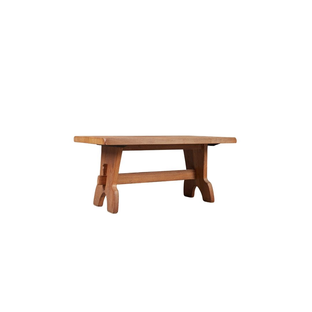 DE PUYDT BRUTALIST DINING TABLE, 1970s: Dimensions: H 29.7” x W 62.9” x D 33.4”. Vintage Belgian Brutalist oak dining table with two braced legs. Dimensions approx.