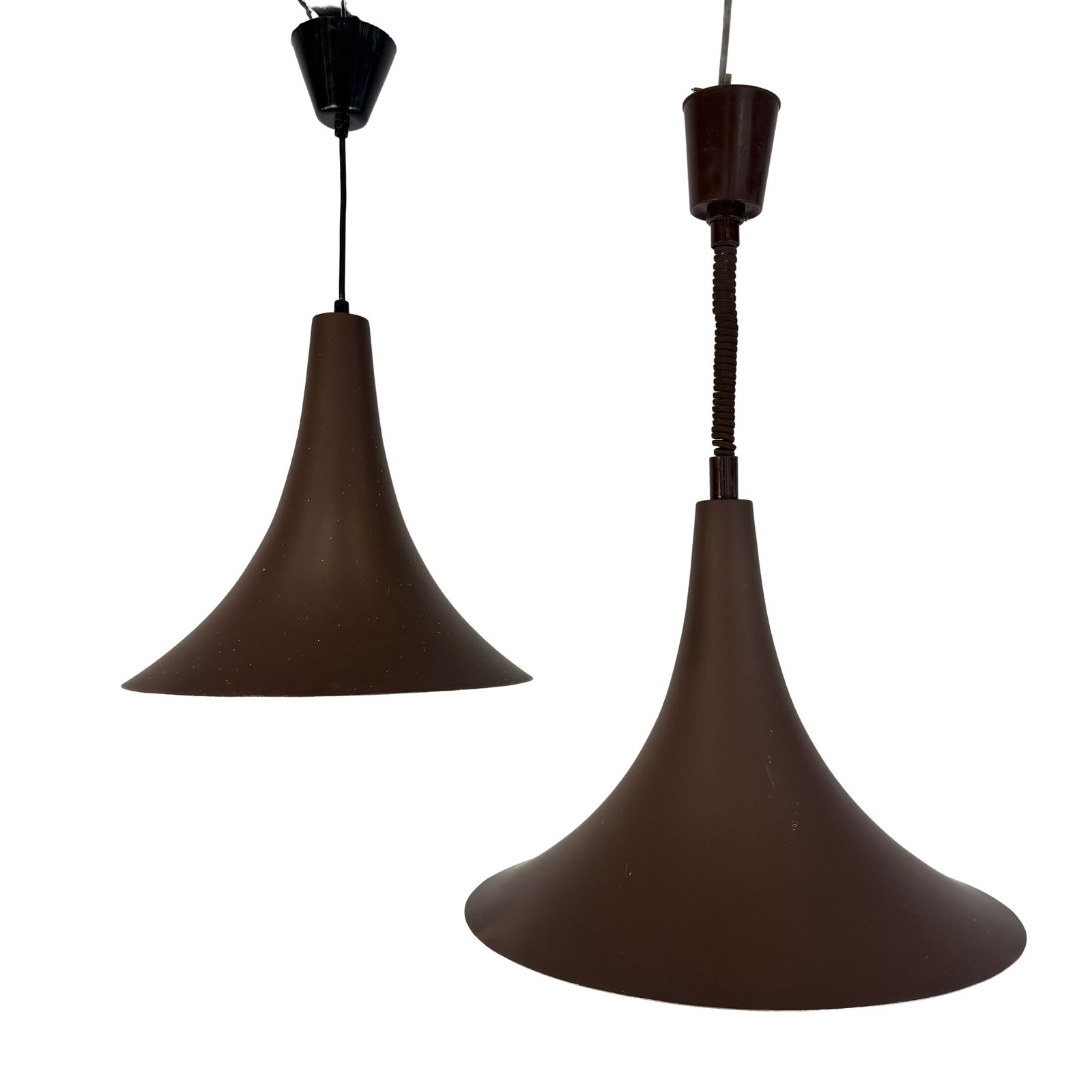 DIJKSTRA PENDANT LAMPS, A PAIR: Dimensions: H 13 ” x W 14 ”. Pair of Vintage Dijkstra adjustable pendant lamps with brown metal shades from the 1970s. Dimensions are for the lampshade. Dimensions: H 15" x W 18" (2nd lamp