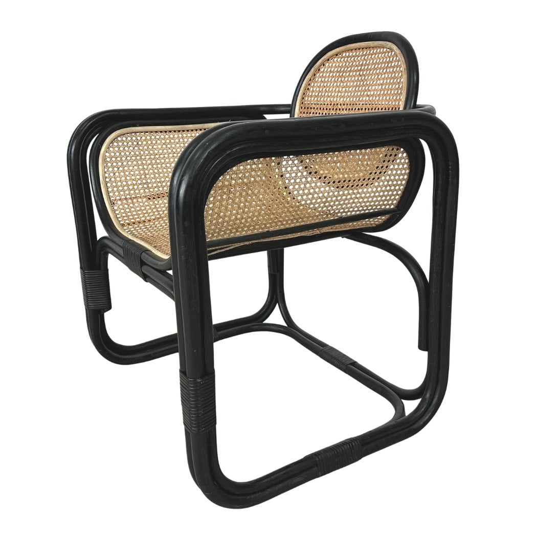 MARTE LOUNGE CHAIR: Dimensions: H 34.7” x W 28.3” x D 23.7” x SH 18”. Vintage Marte lounge chair with black painted frame and curved wicker seat.