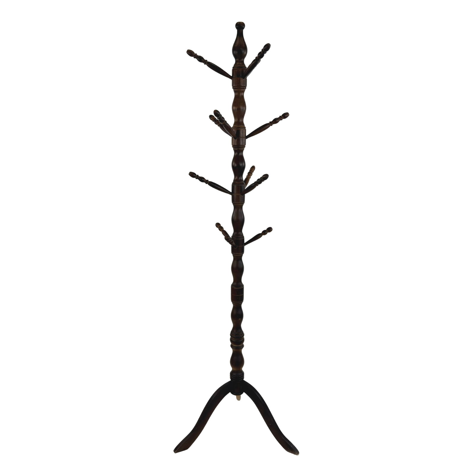 VINTAGE WOODEN COAT STAND: Dimensions: H 70.5” x W 22”. Vintage freestanding dark wood coat stand with 12 arms.