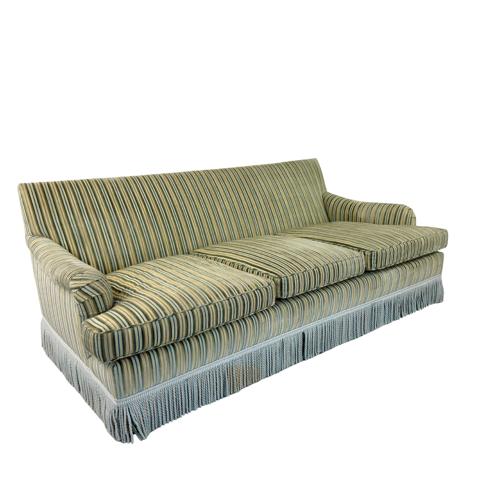 VINTAGE THREE-SEATER SOFA: Dimensions: H 30.7” x W 84.5” x D 41” x SH 19.5”. Vintage three-seater sofa with original striped fabric pattern with fringes.