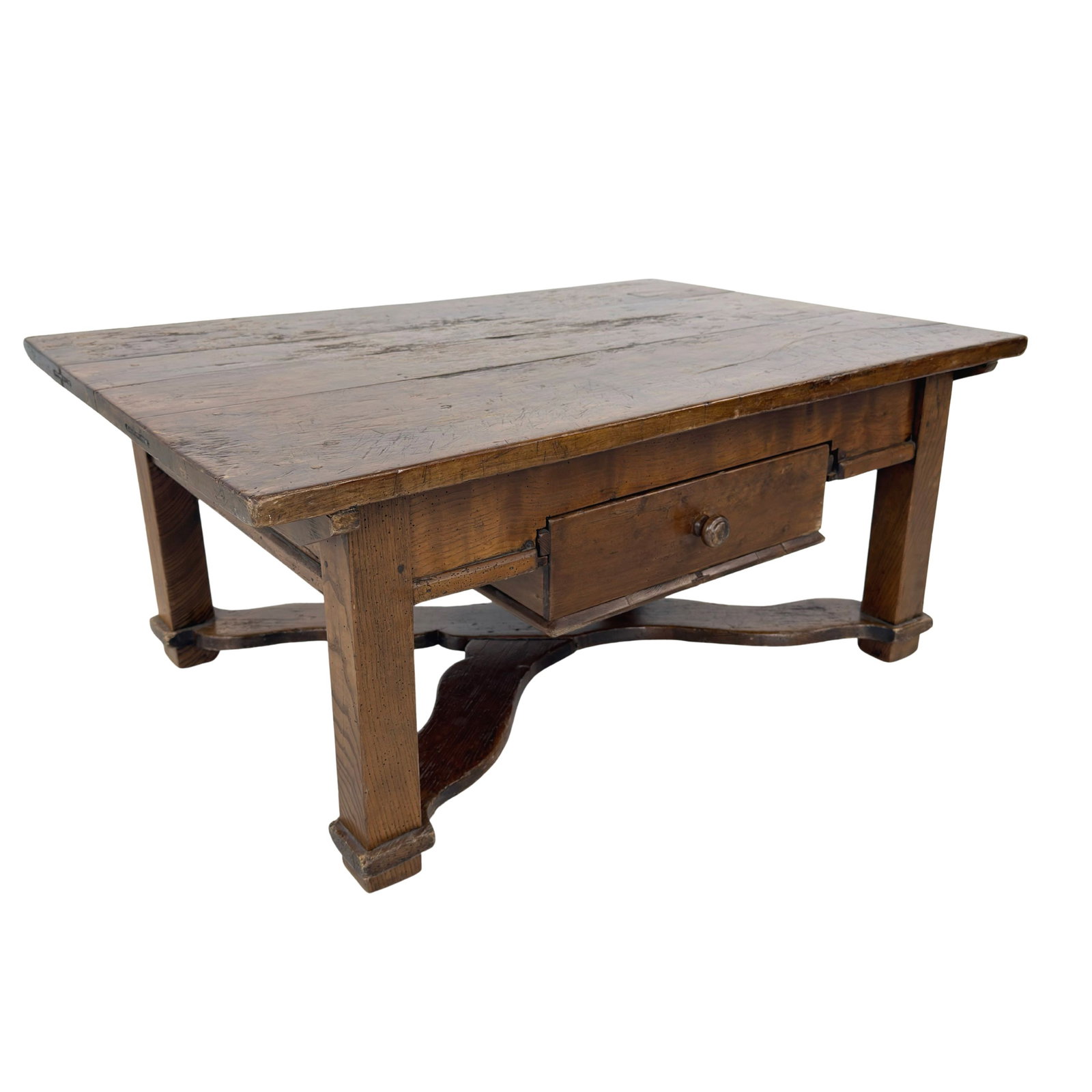 ANTIQUE RUSTIC COFFEE TABLE: Dimensions: H 19” x W 43.5” x D 30”. Antique Rustic coffee table with one central drawer and 4 legs with stretchers.