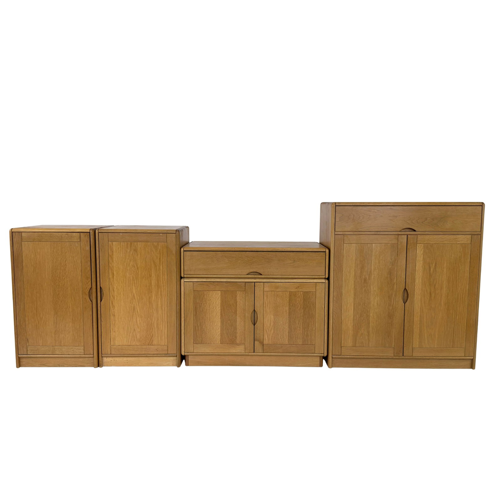 SCANDINAVIAN MODULAR SIDEBOARD: Dimensions: H 40” x W 35.5” x D 17.7”. Vintage Scandinavian modular sideboard consist of 5 modules: two matching cupboards with shelves inside, one small cupboard with shelf, one dra