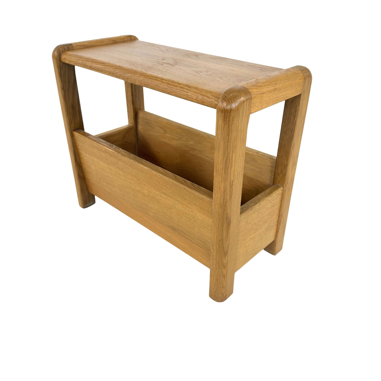 VINTAGE MAGAZINE RACK: Dimensions: H 16.5” x W 20” x D 9”. Vintage Scandinavian oak magazine rack with top surface and lower storage.