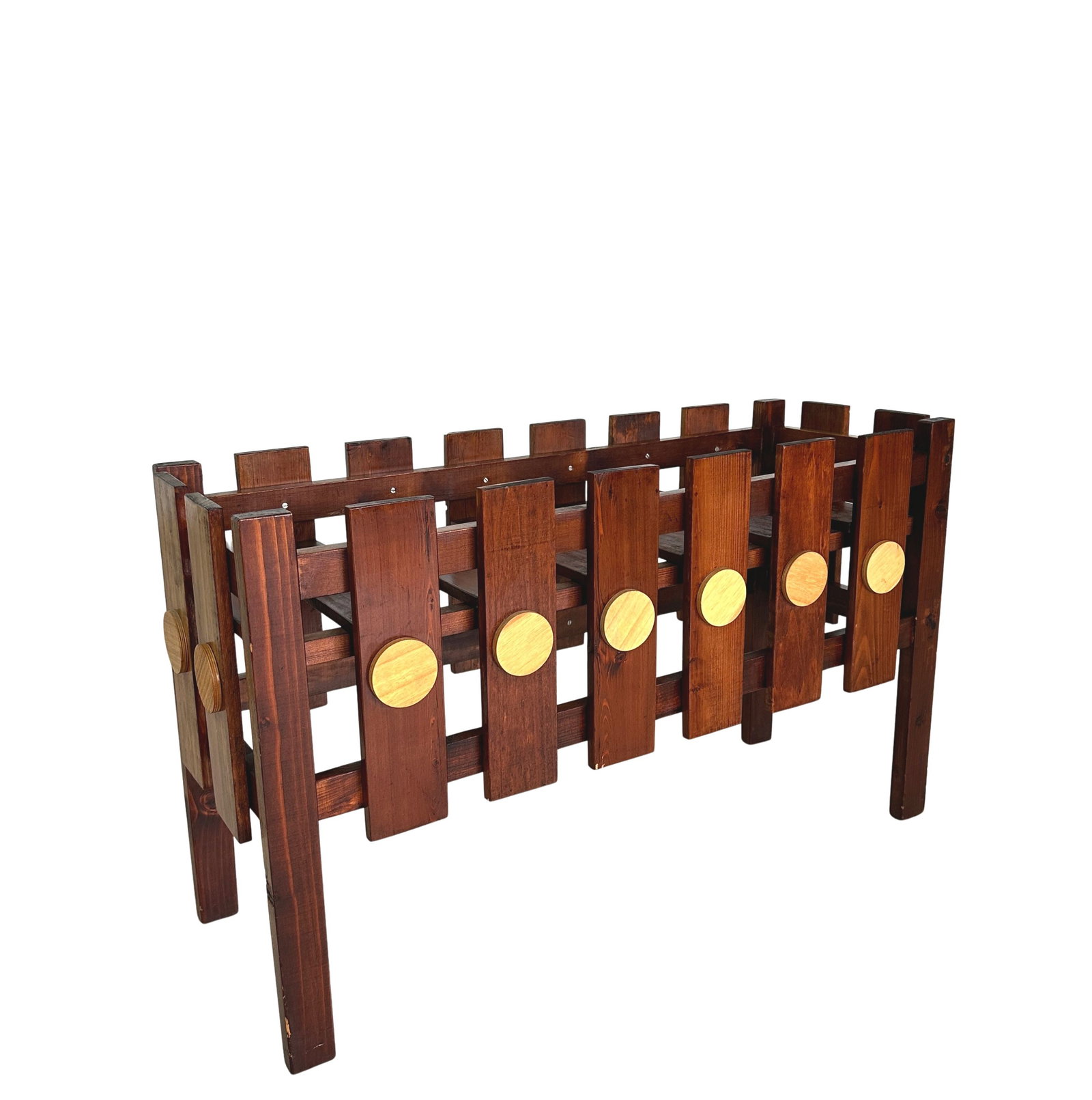 VINTAGE PLANT STAND: Dimensions: H 23.7” x W 40” x D 14.5”. Vintage wooden plant stand with fence-like design.