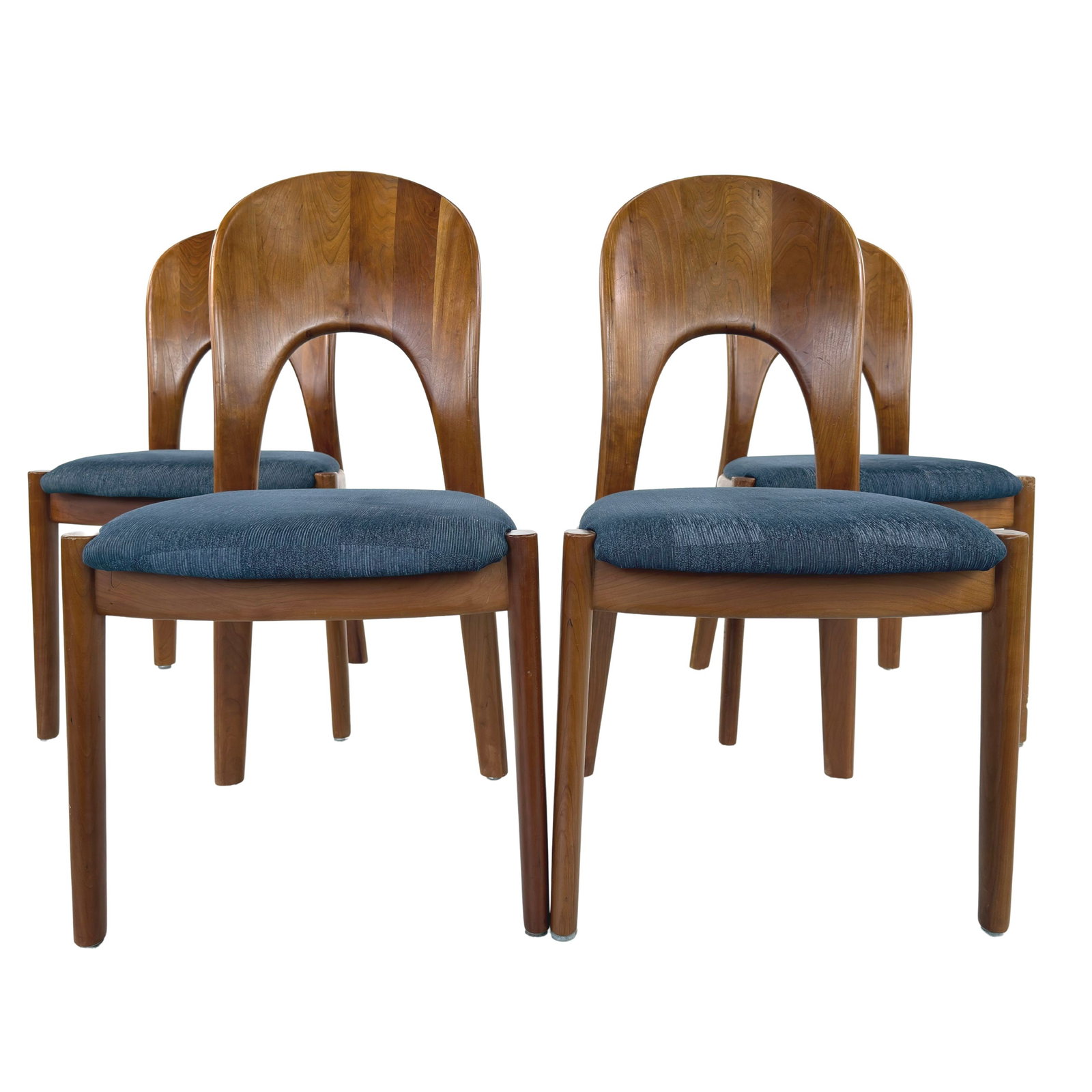 (4) NIELS KOEFOED DINING CHAIRS, 1970s: Dimensions: H 35.5” x W 17.5” x D 22” x SH 19”. Set of 4 Danish dining chairs by Niels Koefoed for Kofeoed Hornslet with blue fabric seats.