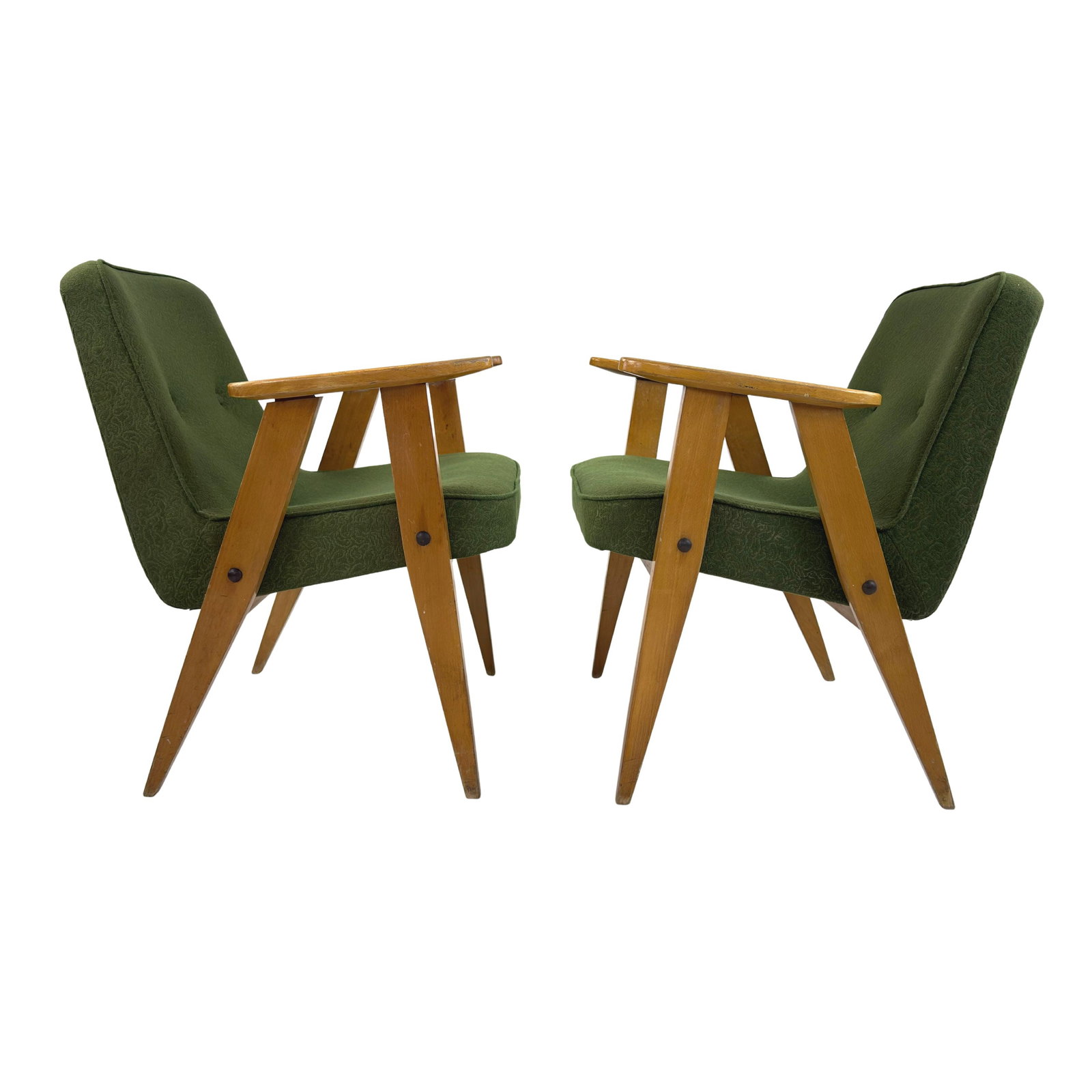 ARMCHAIRS BY J. CHIEROWSKI, A PAIR: Dimensions: H 28.5” x W 24” x D 25.5” x SH 17”. Pair of Vintage armchairs model 366 by J. Chierowski in green fabric with light wood frame.