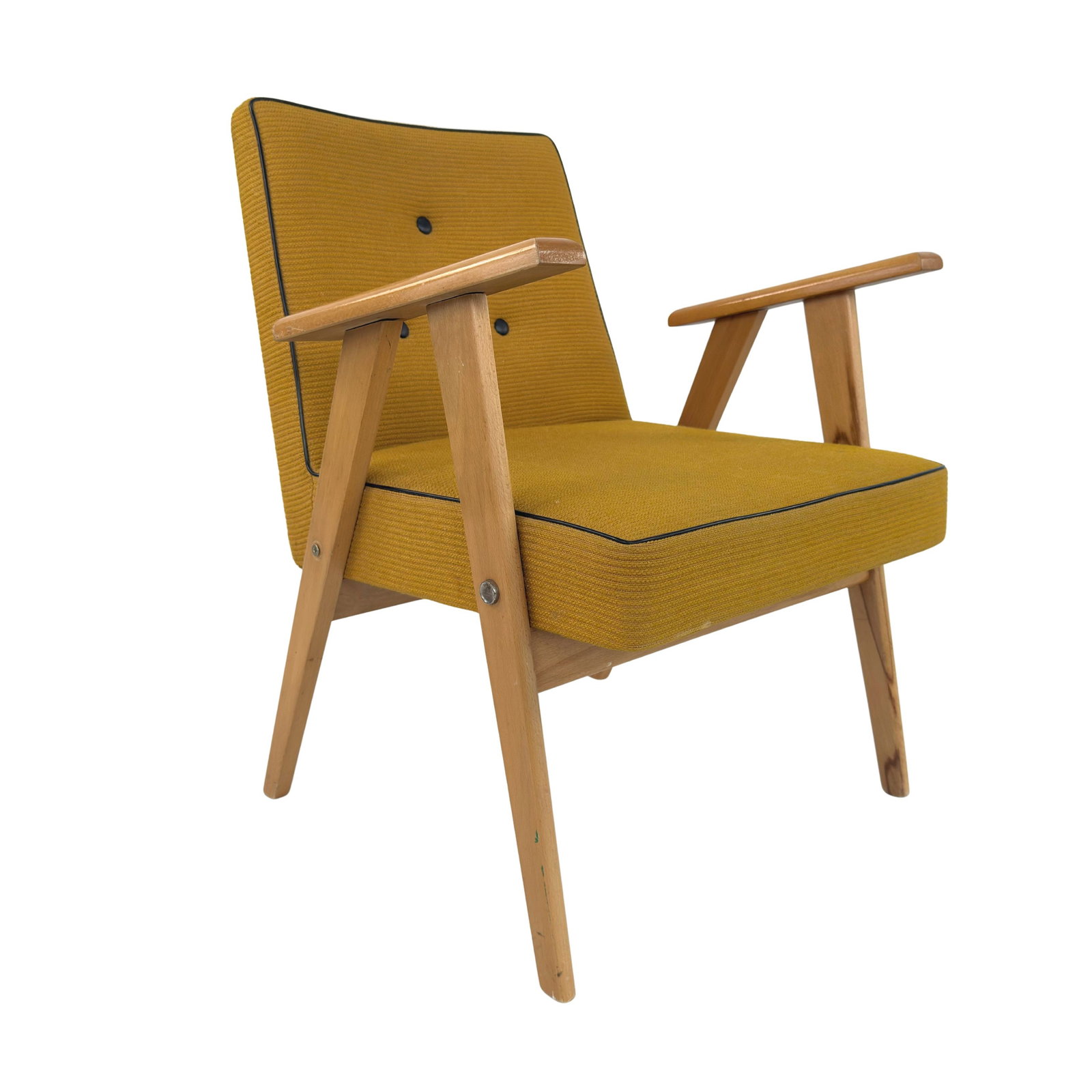 VINTAGE ARMCHAIR MANNER OF J. CHIEROWSKI, 1960s: Dimensions: H 29” x W 24” x D 27” x SH 16”. Vintage armchair manner of J. Chierowski with light wood frame and mustard yellow fabric.