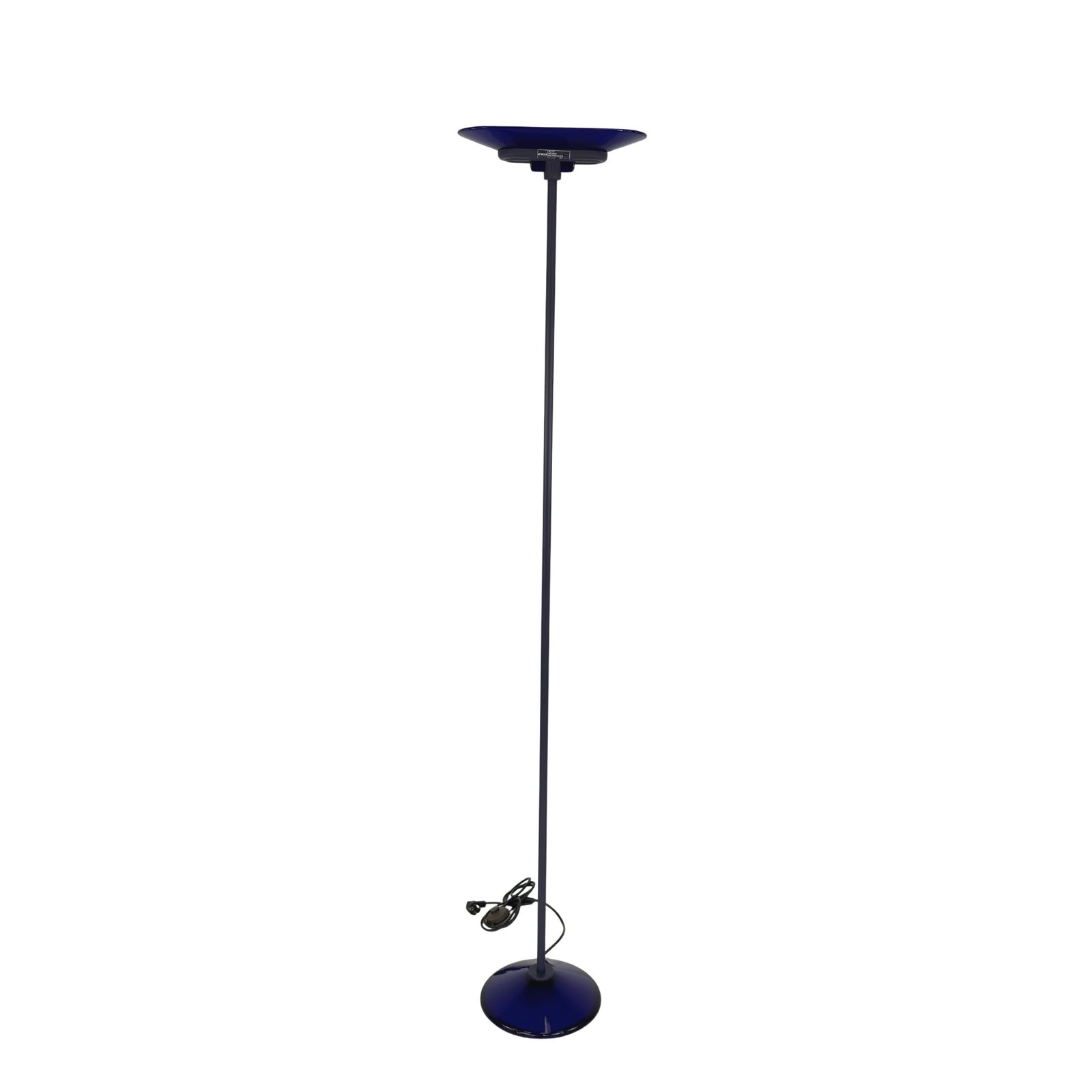 JILL FLOOR LAMP BY ARTELUCE, 1980s: Dimensions: H 76.3” x W 11.5”. Vintage Italian Jill floor lamp by Perry King and Santiago Miranda for Arteluce with dark gray steel tube and blue clear glass base and shade.