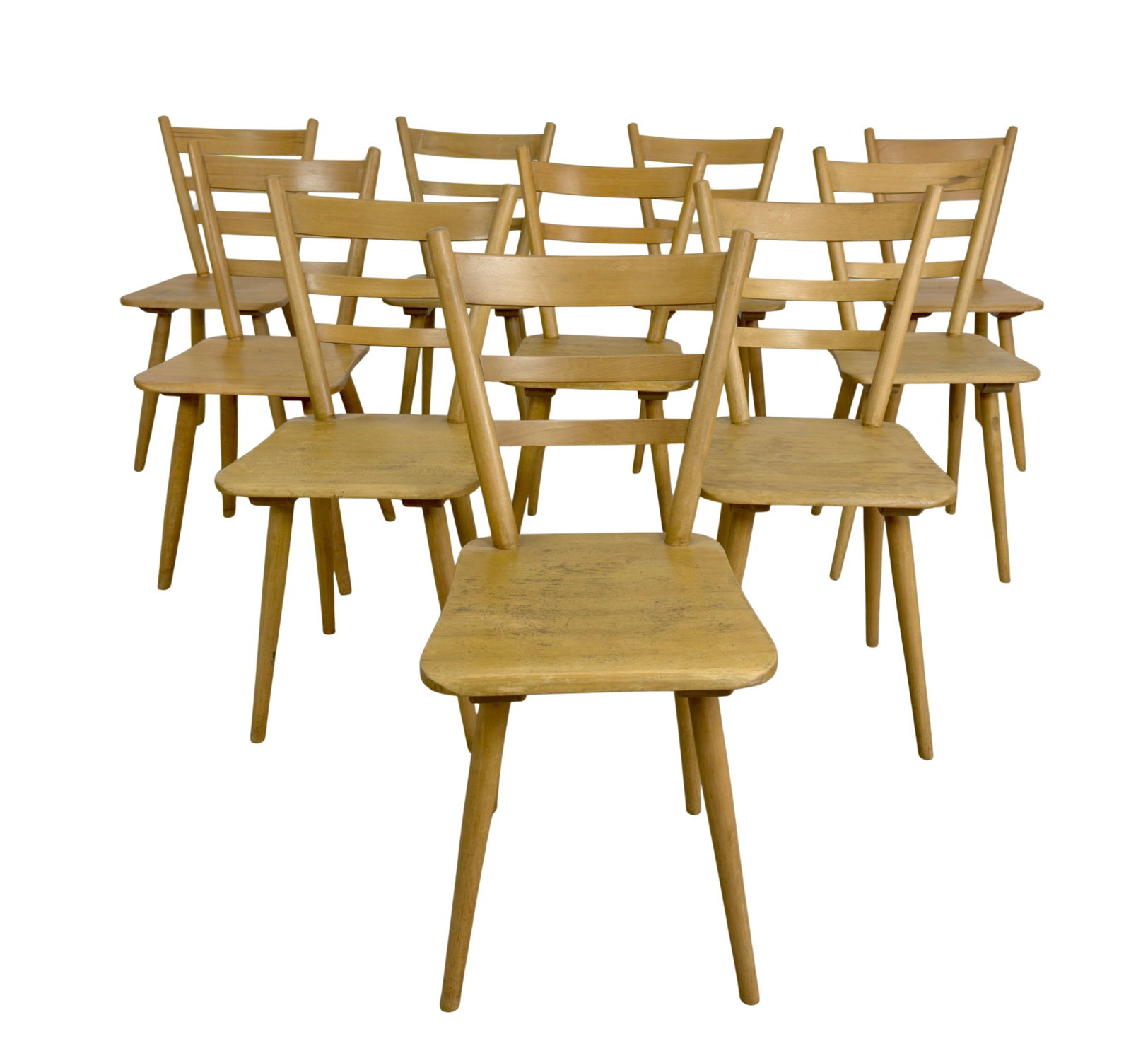 (8) GERMAN BISTRO CHAIRS: Dimensions: H 33” x W 15.7” x SD 16.7” x SH 18.7”. Set of 8 Vintage ladder back German Bistro dining chairs with tapered legs. Marked.