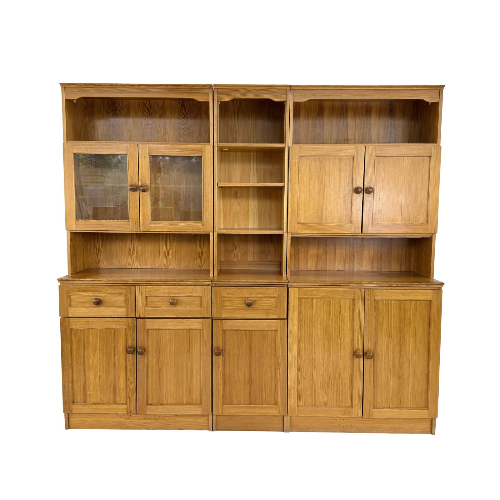 SCANDINAVIAN MODULAR DISPLAY CABINET: Dimensions: H 73” x W 31.5” x D 17.5”. Vintage Scandinavian pine modular display cabinet consist of 3 modules, features multiple cupboards with shelves inside, glass doors and small 