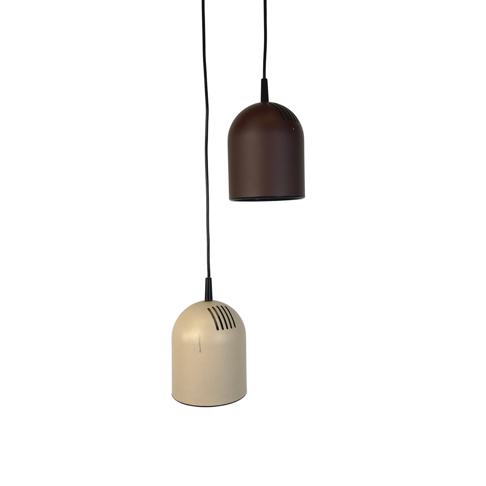PHILIPS PENDANT LAMPS, A PAIR: Dimensions: H 6.7” x W 5.3” Pair of Vintage Philips pendant lamps from the 1970s with cylindrical metal shades in brown and cream color. Dimensions are for the shades.